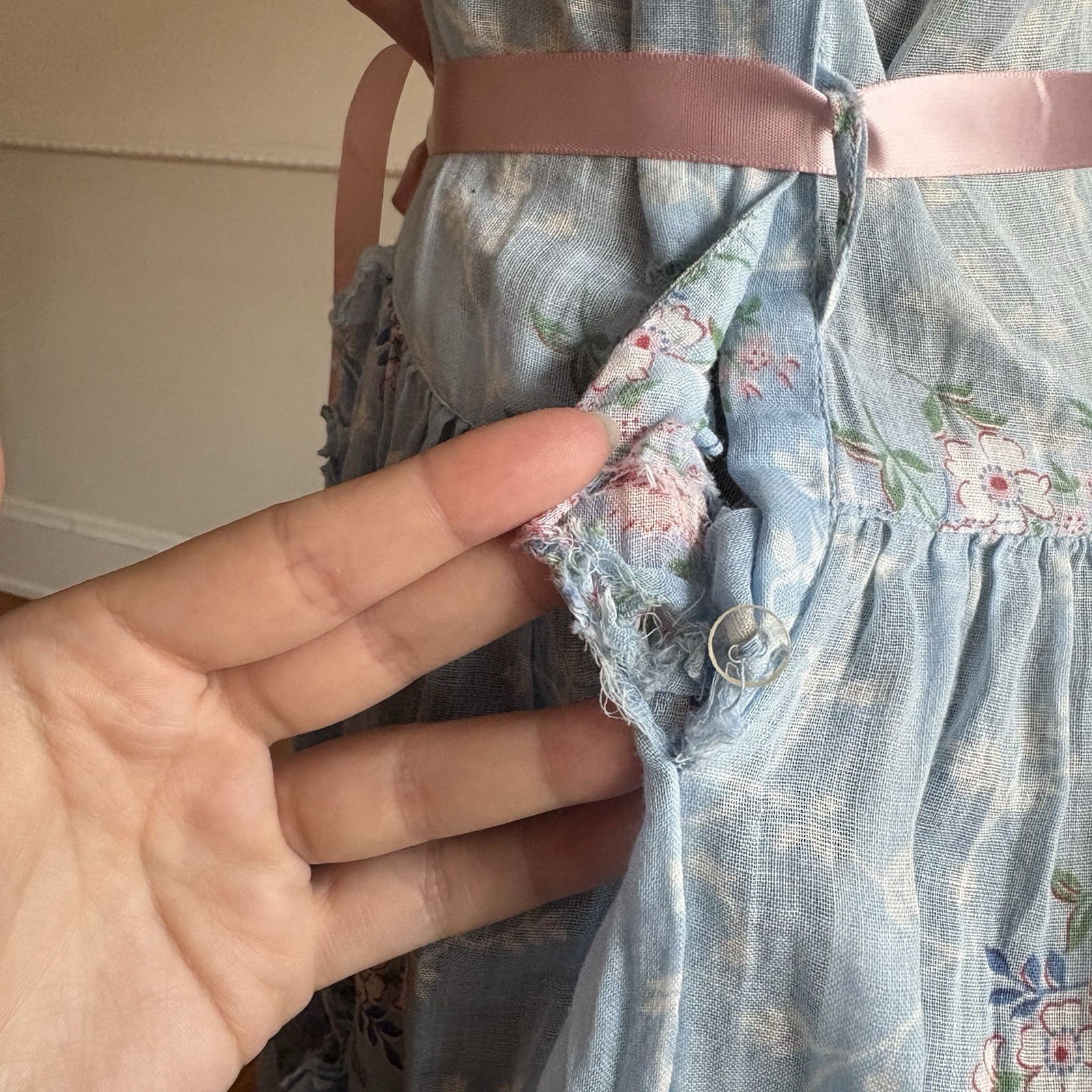 Vintage 1940s Blue Floral Cotton Voile Fabric Dress Ruffle Trim Summer