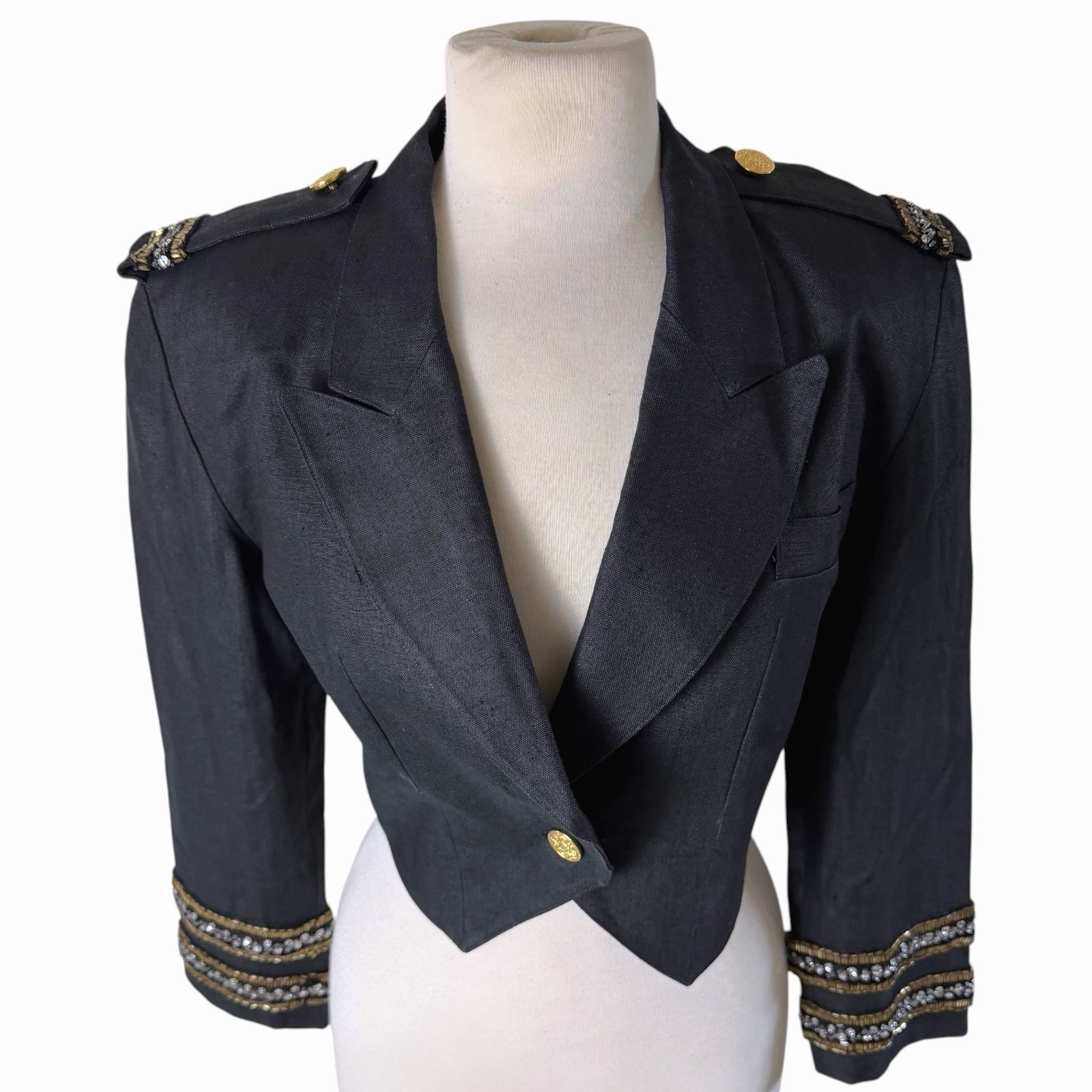 Vintage Pia Rucci Black Linen Cropped Spencer Jacket Military Beaded Blazer Sz 6
