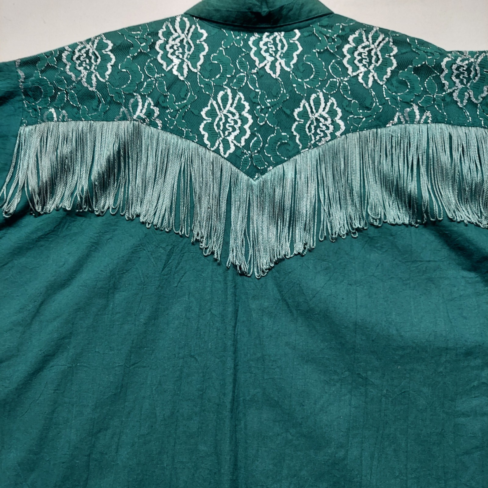 VTG 80’s Lilia Guilty Western Cowgirl Blouse XL Green Metallic Lace Fringe USA