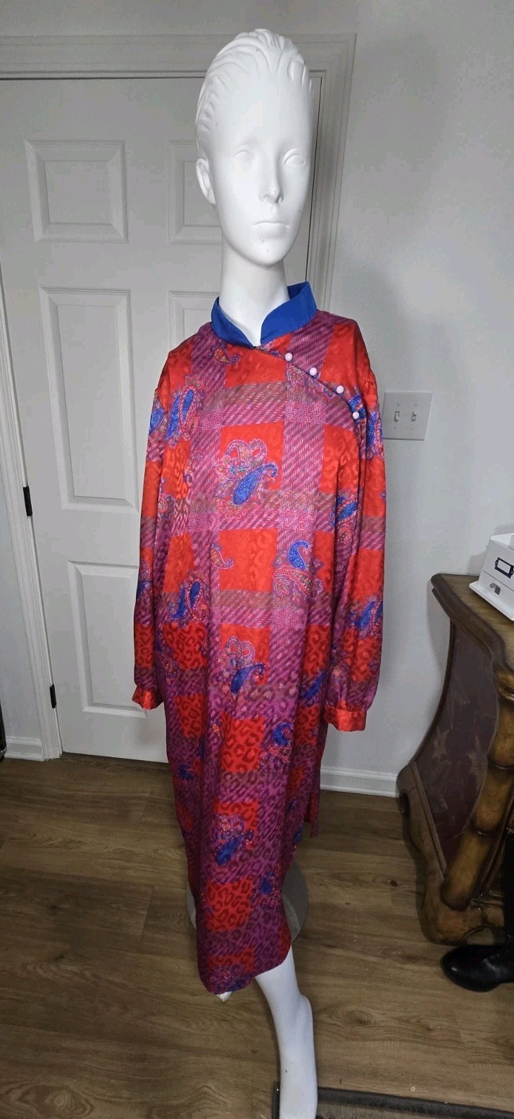 Vintage 80s/90s David Warren DW3 Asian Style Collar Poly Long Sleeve Shift Sz 16