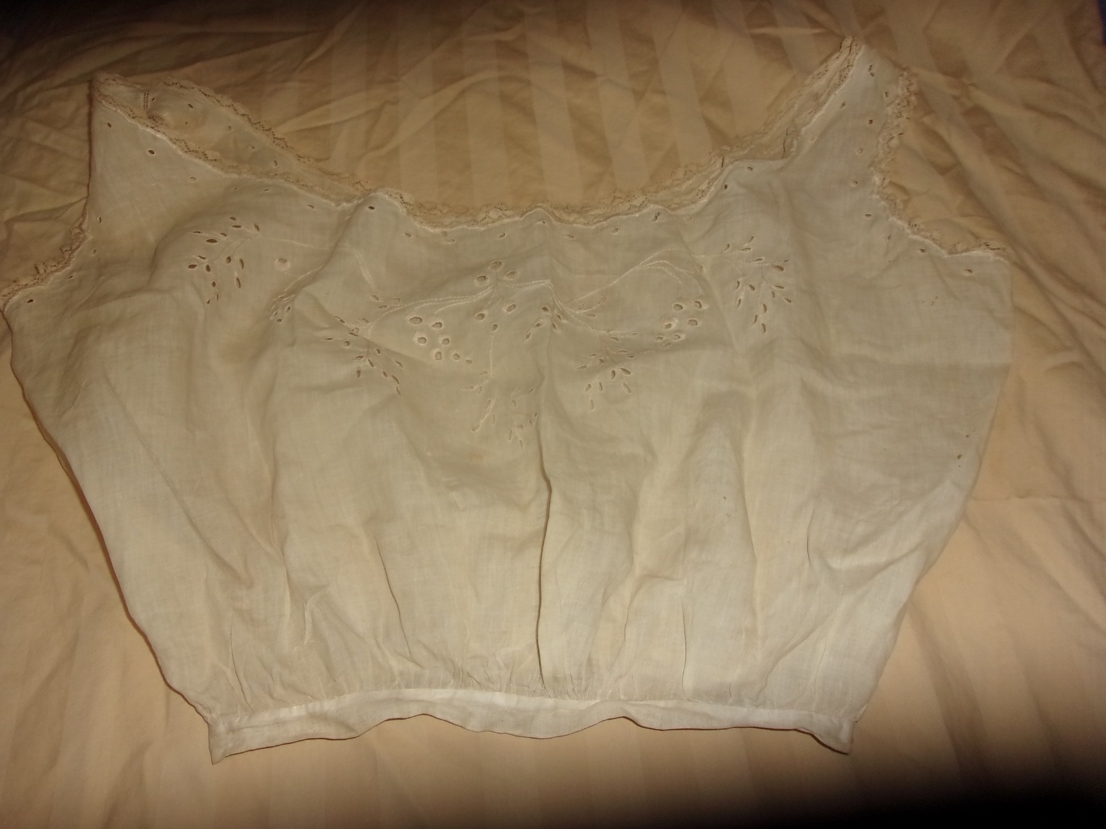 Antique Edwardian Camisole /Petticoat Tan Cotton Embroidered Eyelet Lace