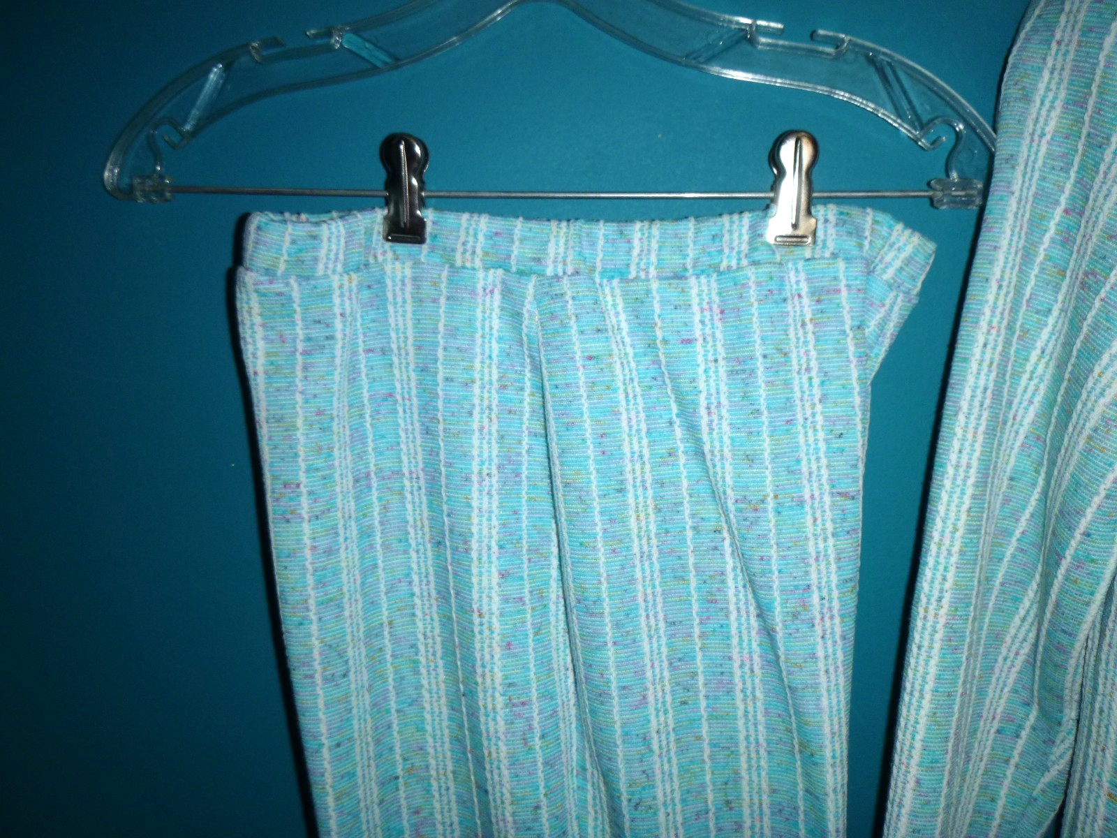 Vtg 70s Graff Textured Stretch Poly Pant Suit Aqua Colored Flecks Sz S