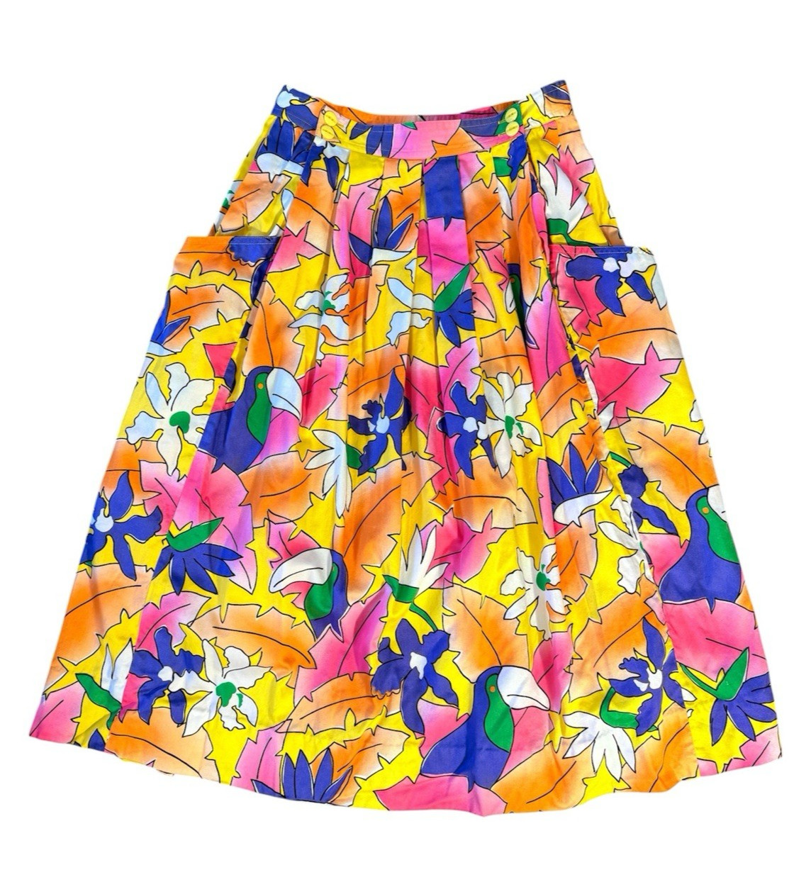 Vintage SK & Co. Bright Tropical Bird Cotton Midi Skirt Festival Women’s XS