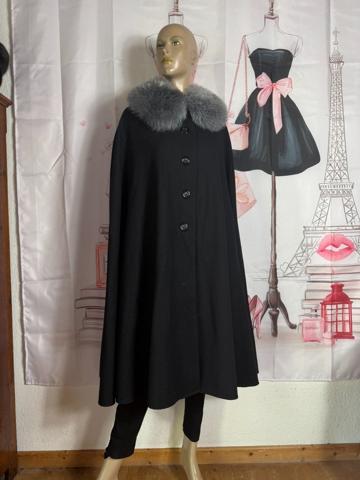 ✨ Vintage Couture Cape 60s Black Wool Cape Real Fur Collar Old Money XL