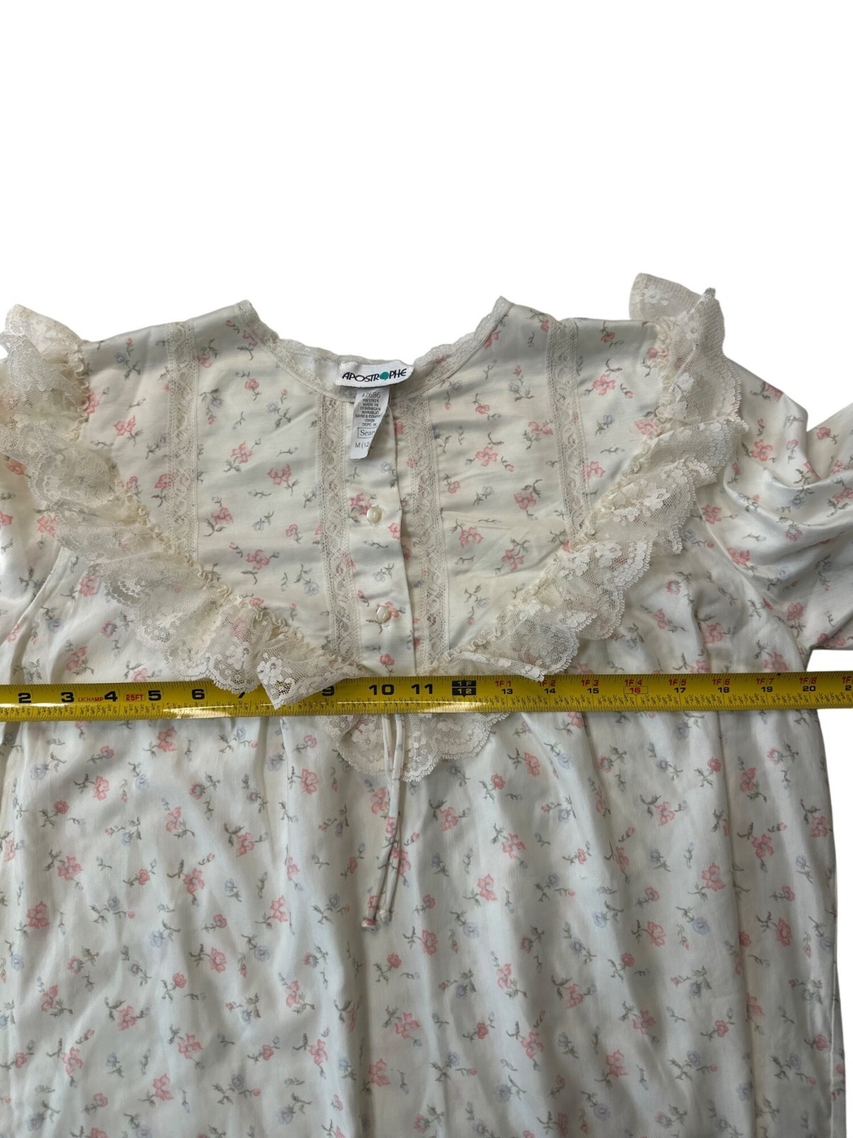 Apostrophe Sears vintage Floral Lace Trim Long Sleeve Satin Flannel Nightgown Sl