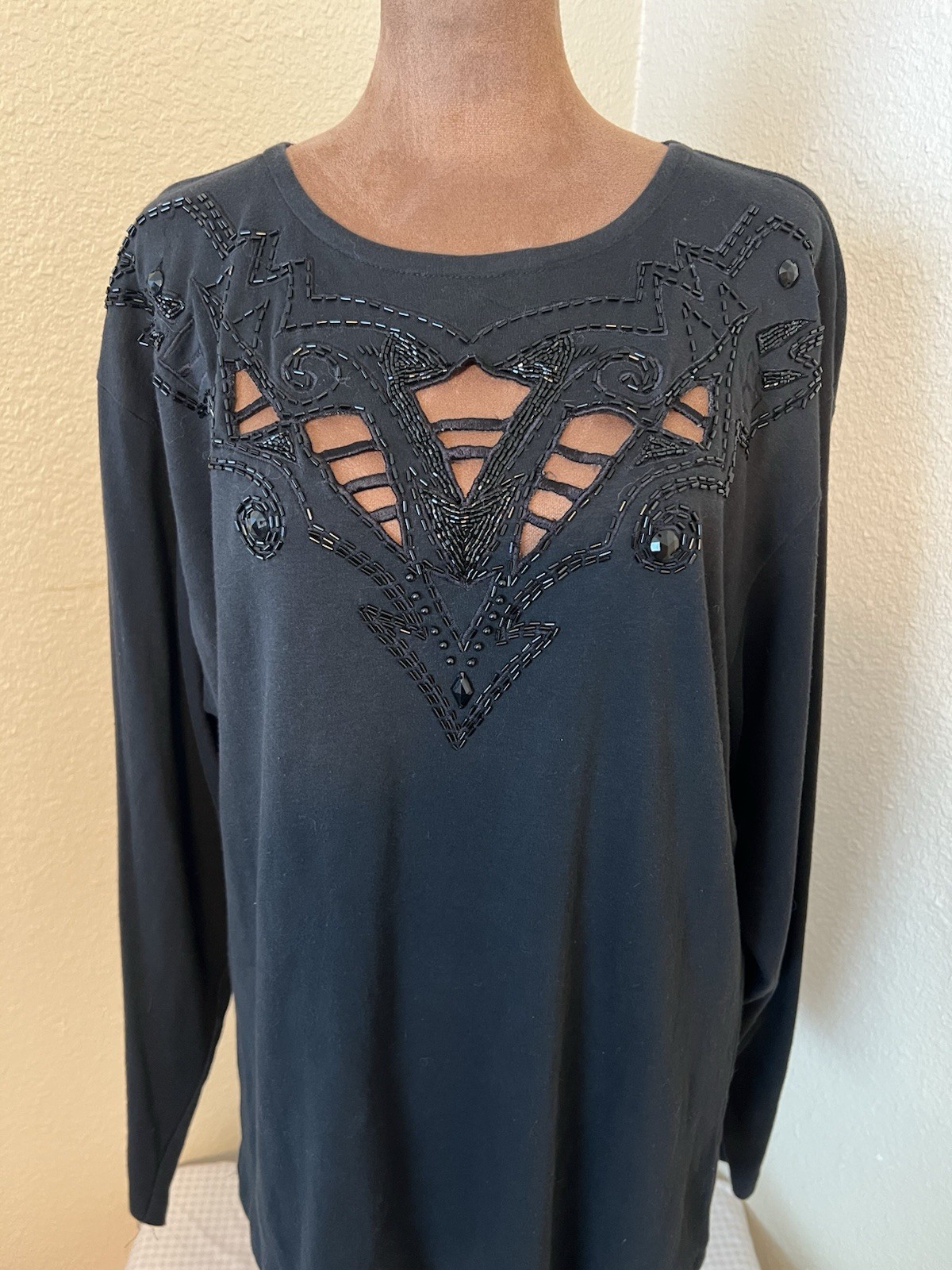 Vintage 80’s I.B Diffusion Black Beaded Long Sleeve Cotton Top Women’s L