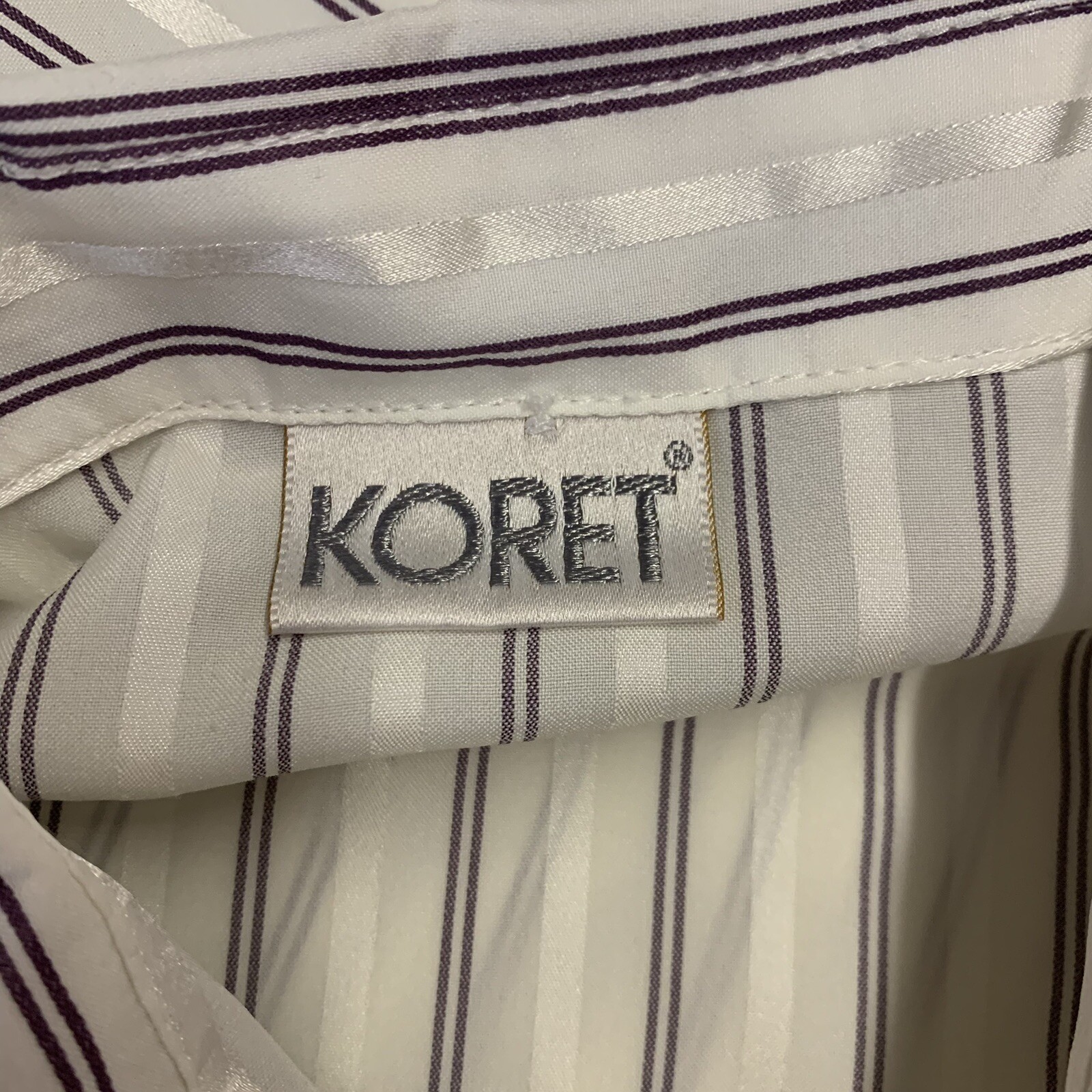 Vintage Blouse Bow Neck Button Up Shirt Koret Large Striped White Silver Purple