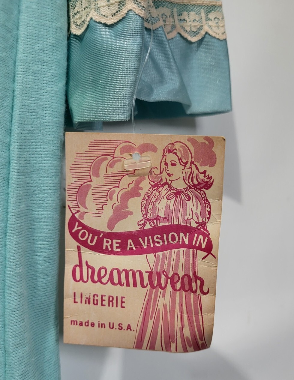 Vintage Dream Wear Nightgown Lingerie Modest Large Aqua Blue 70s USA W Tag