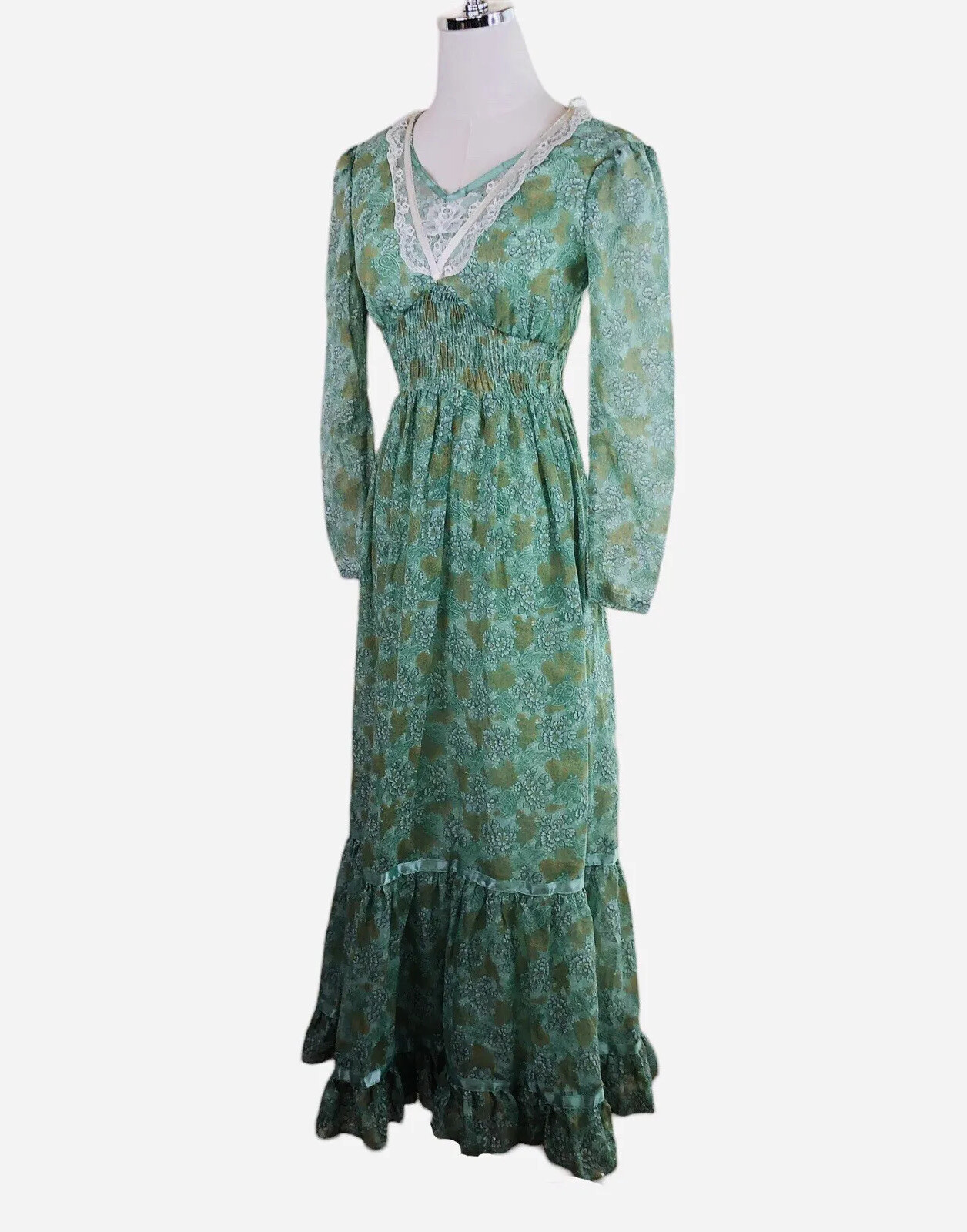 Vintage Maxi Prairie Dress Candi Jones of California ￼Green Floral Boho 70s Sz 3