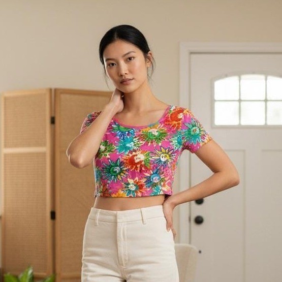 Vintage United Colors of Benetton M Sun Print Crop Top Pink Multi Made in Italy