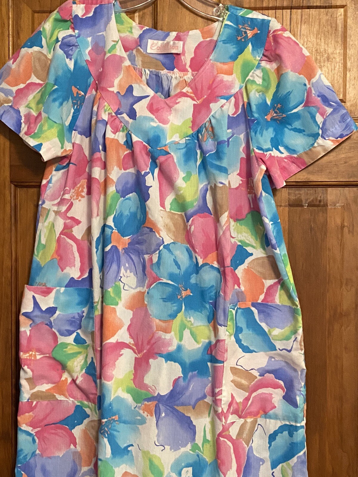 Vintage House Dress Cotillion Small USA Blue Pink Floral Short Sleeve Pullover