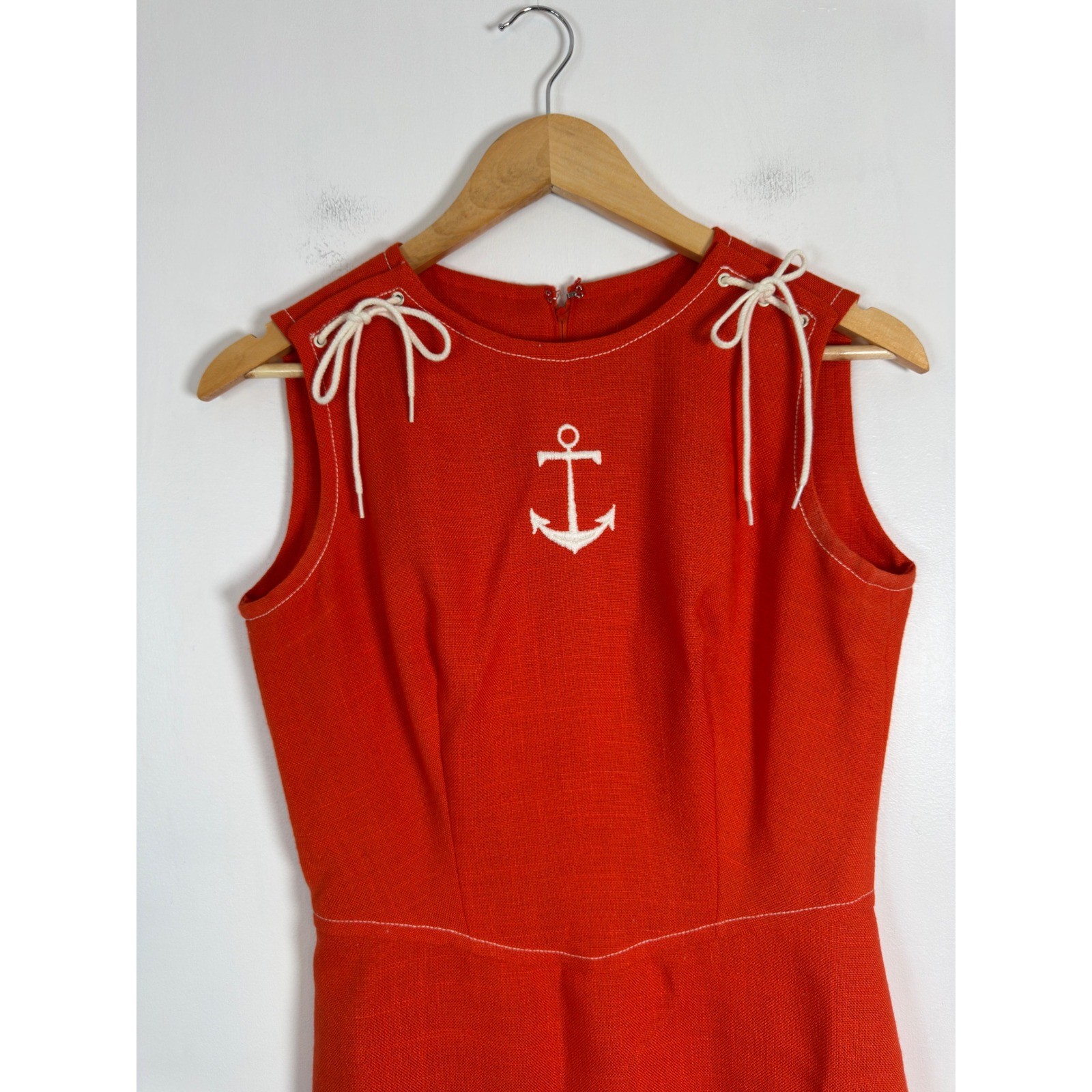 Nautical Vintage John Meyer 12 Shift Dress Orange Anchor Rope Tie Sleeveless