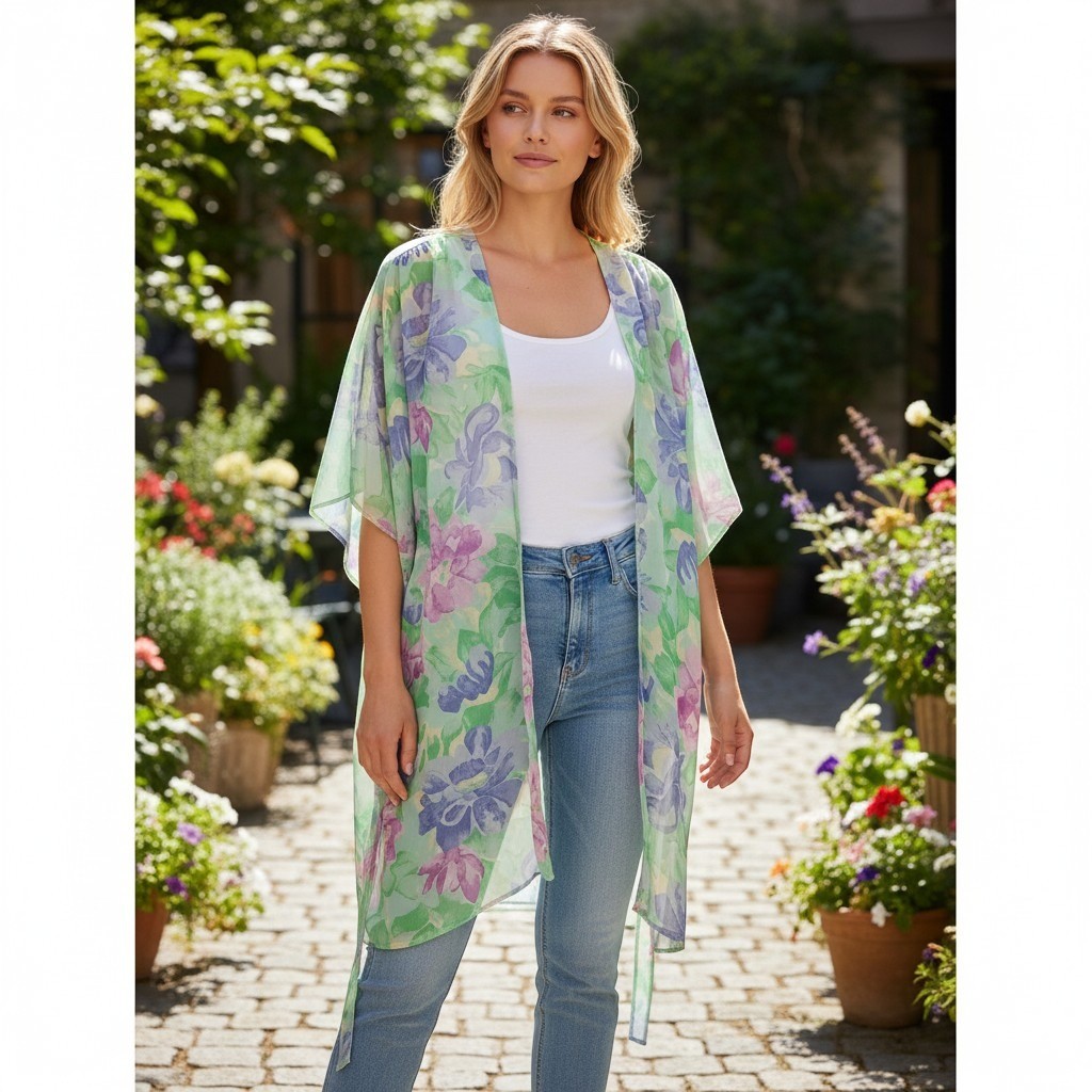 Val Mode Lingerie Robe Women Medium Green Floral Vintage Kimono Sheer Coverup