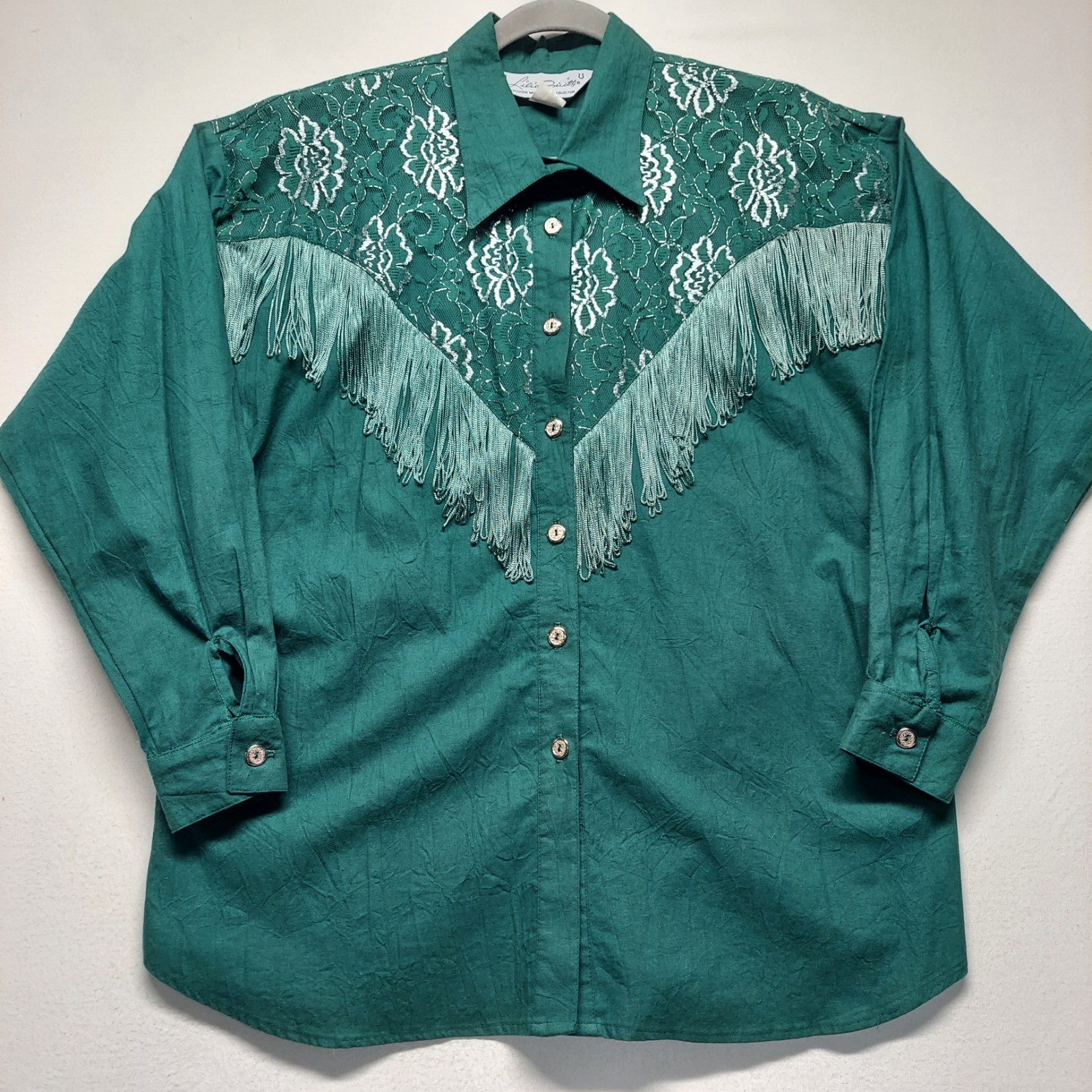VTG 80’s Lilia Guilty Western Cowgirl Blouse XL Green Metallic Lace Fringe USA