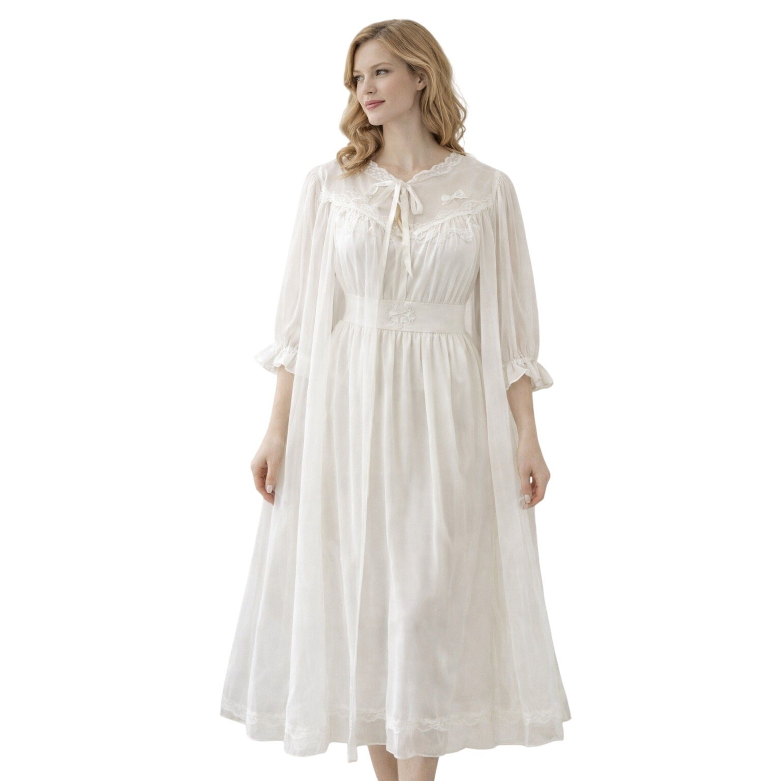 VTG 50s MCM Carillon Sheer Nylon Chiffon Nightgown_Robe White Bridal 36 Small