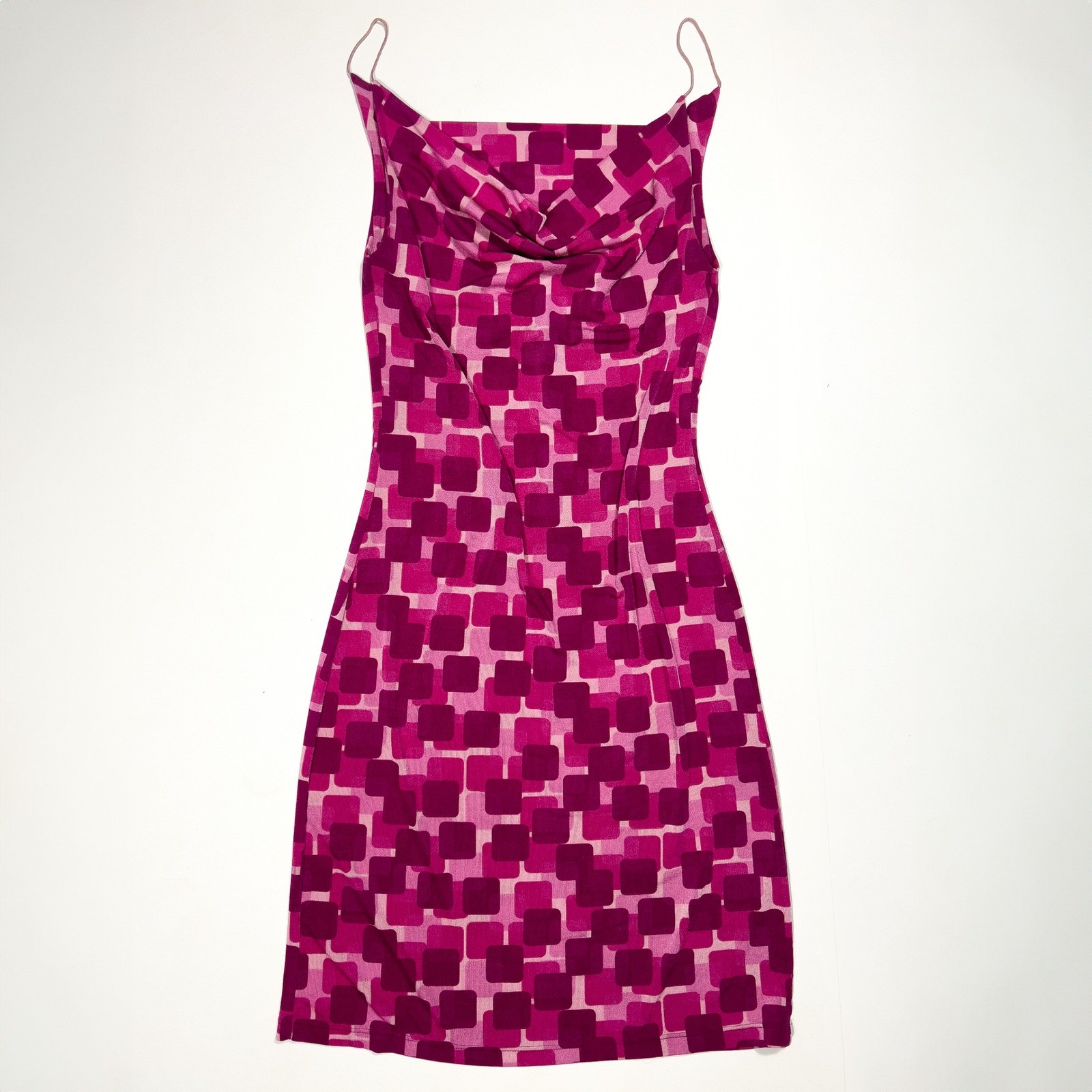 Chesley Y2K Pink Geometric Midi Dress Cowl Neck Spaghetti Strap Vintage