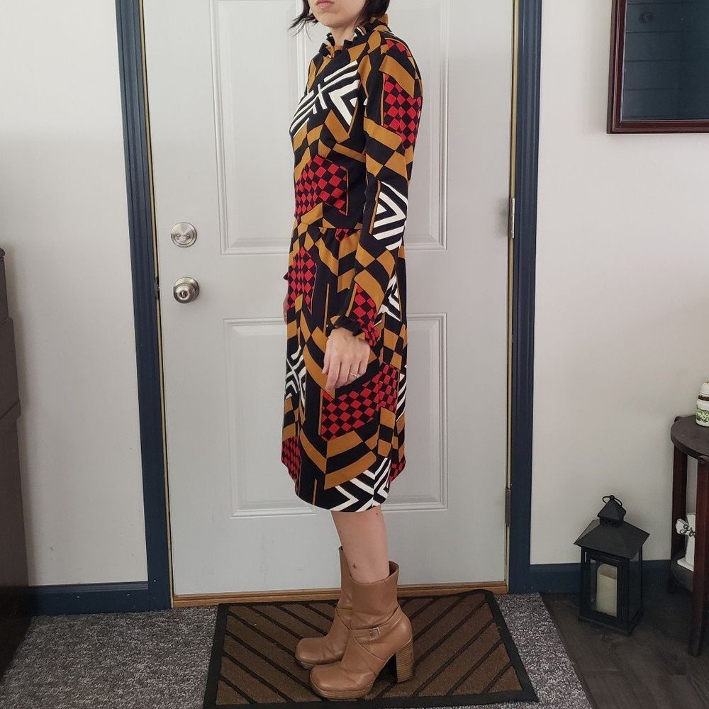 60s/70s Black, Red, and Brown Geometric Print Long Sleeve Dress