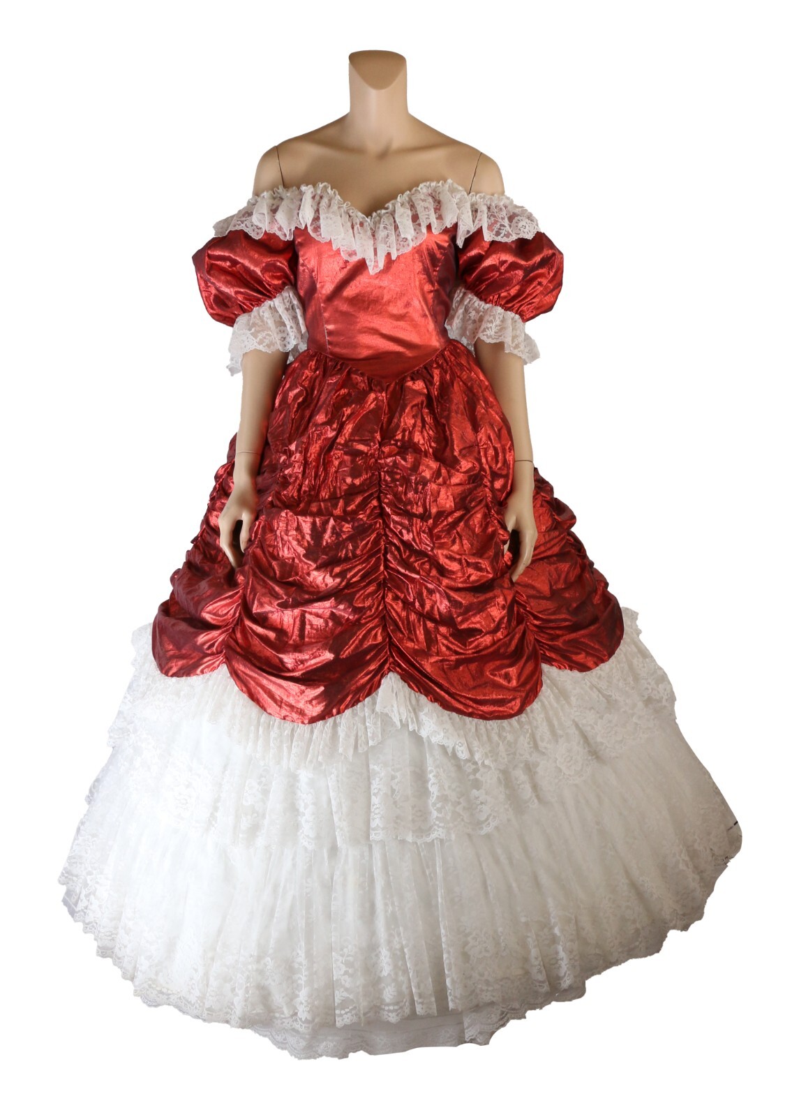Loralie Vintage 80s Red Lame & White Lace Southern Belle Prom Party Dress sz 16