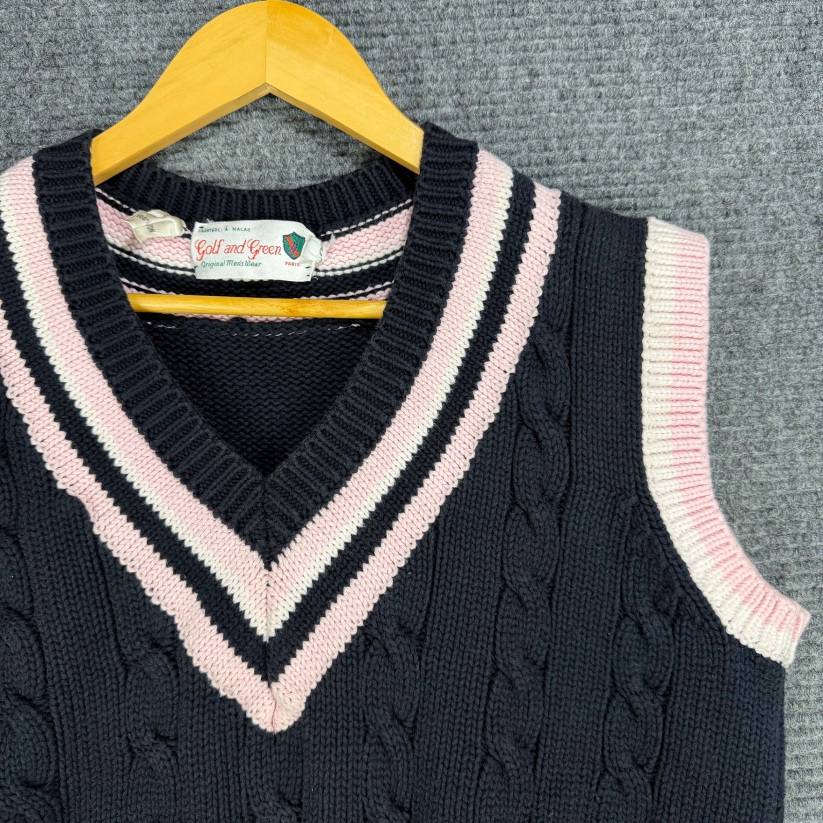 Vintage 80s Golf and Green Paris Sweater Vest Black Pink Cotton Cable Knit Large