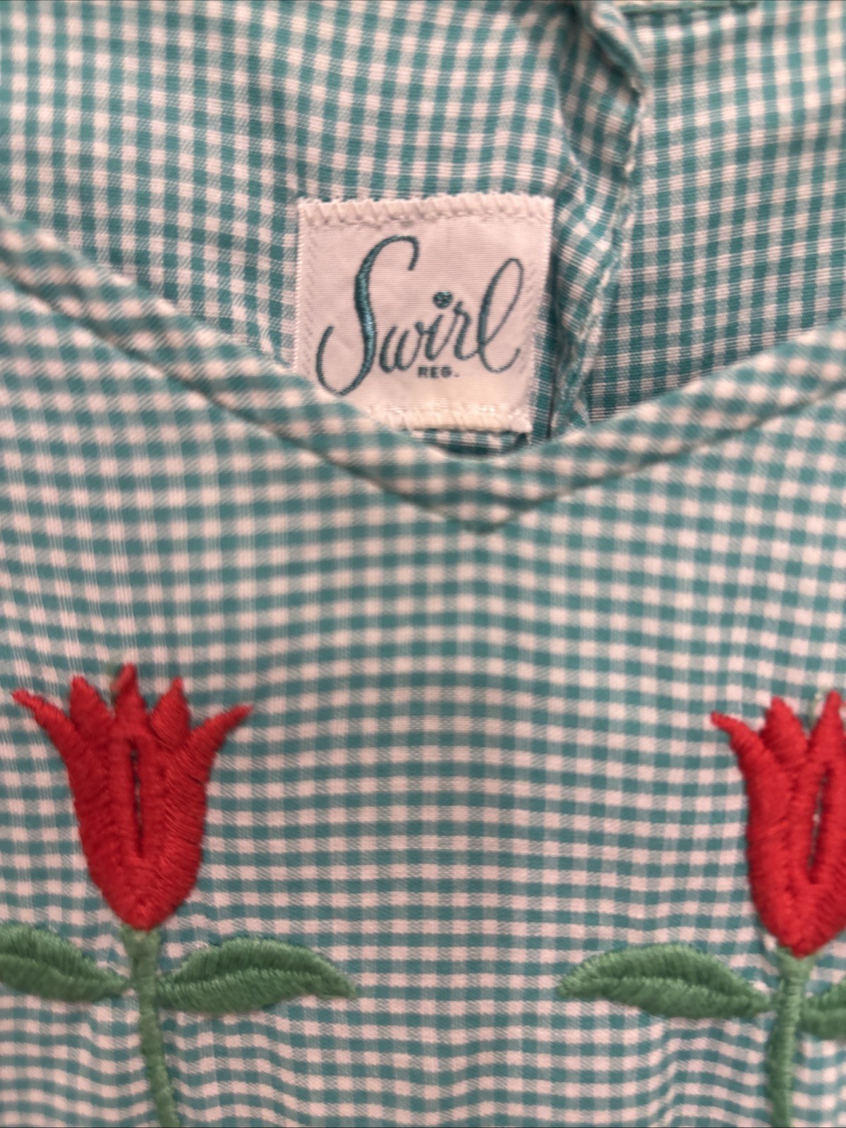 Vintage 1950s SWIRL Wrap Day Dress 50s Floral Embroidered green Gingham Cotton