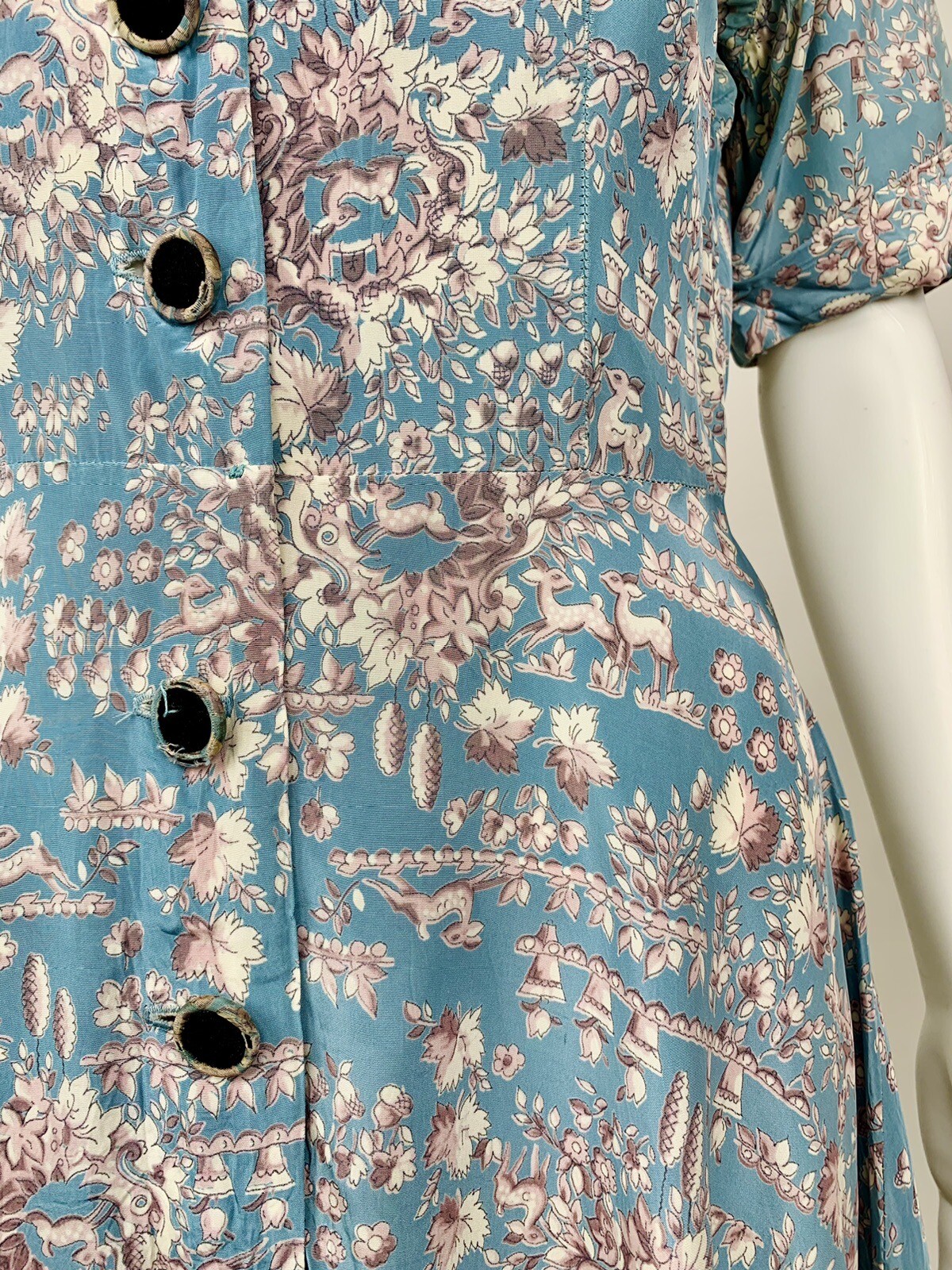 Vintage 1940s Rayon Novelty Print Shirtwaist Dress Deer Potted Flowers Blue Grey