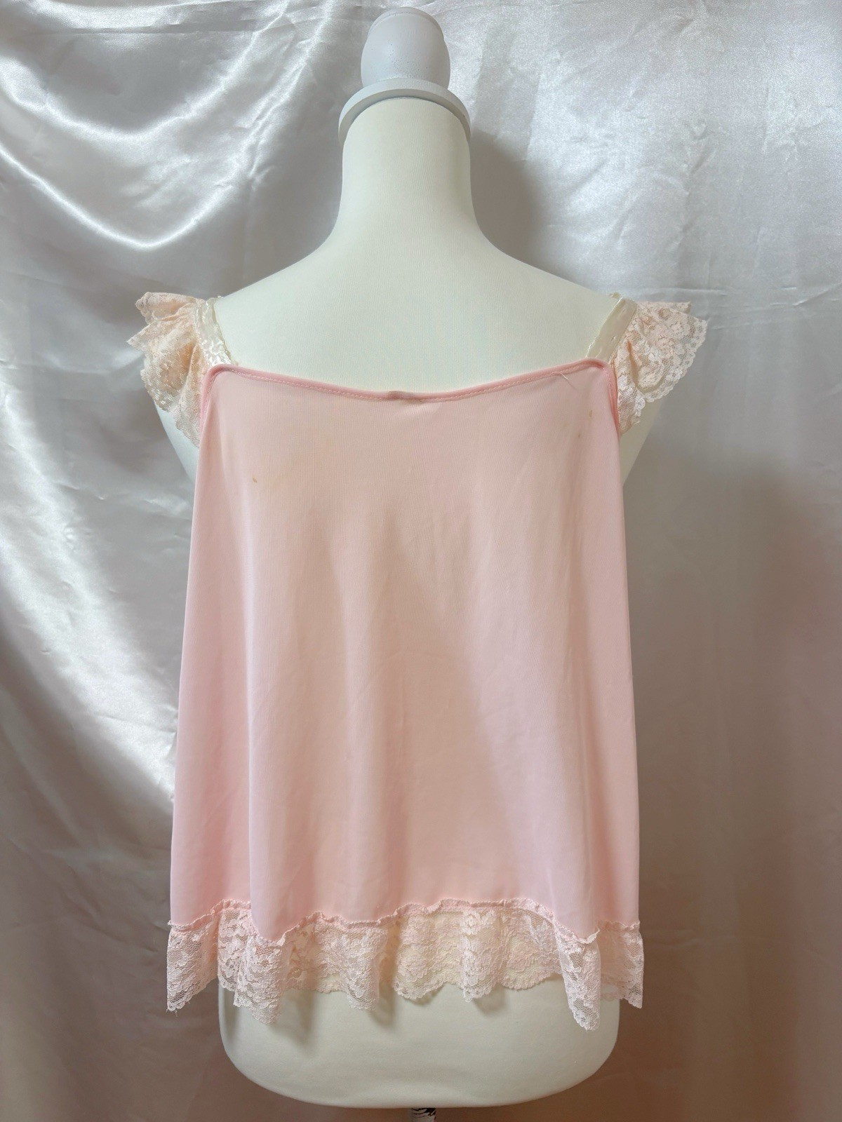 Vintage 50s 60s Lace Tiered Ruffle Cami Babydoll Lingerie Nightgown Pink USA