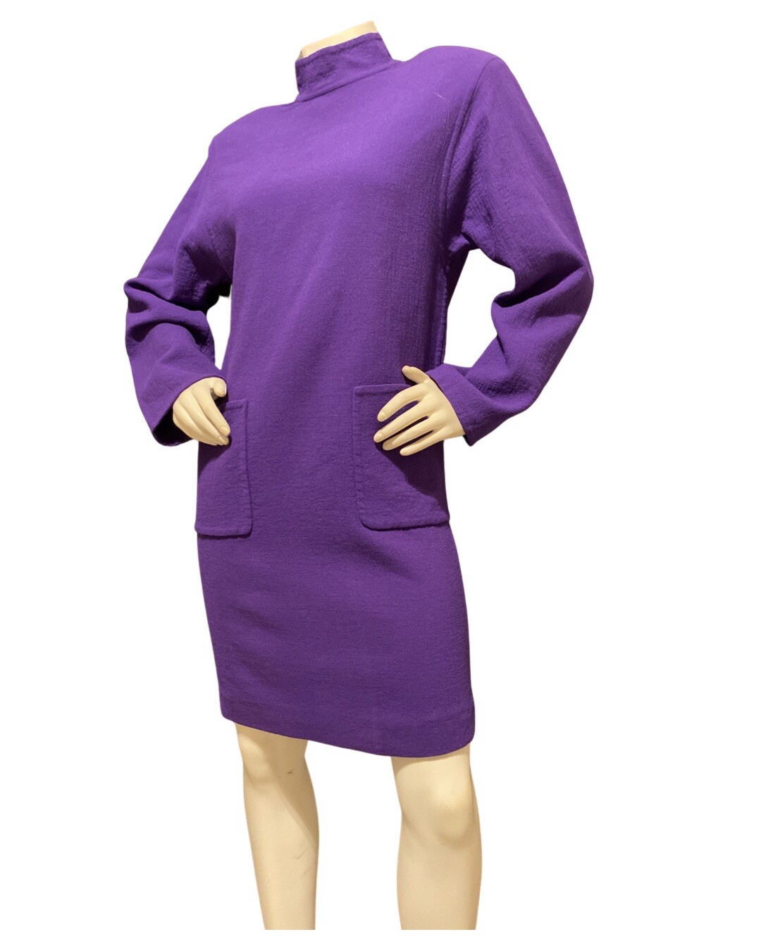 VTG 1980s Carolyne Roehm Couture, Dress Purple Wool MIDI Long Sleeve Pullover 10
