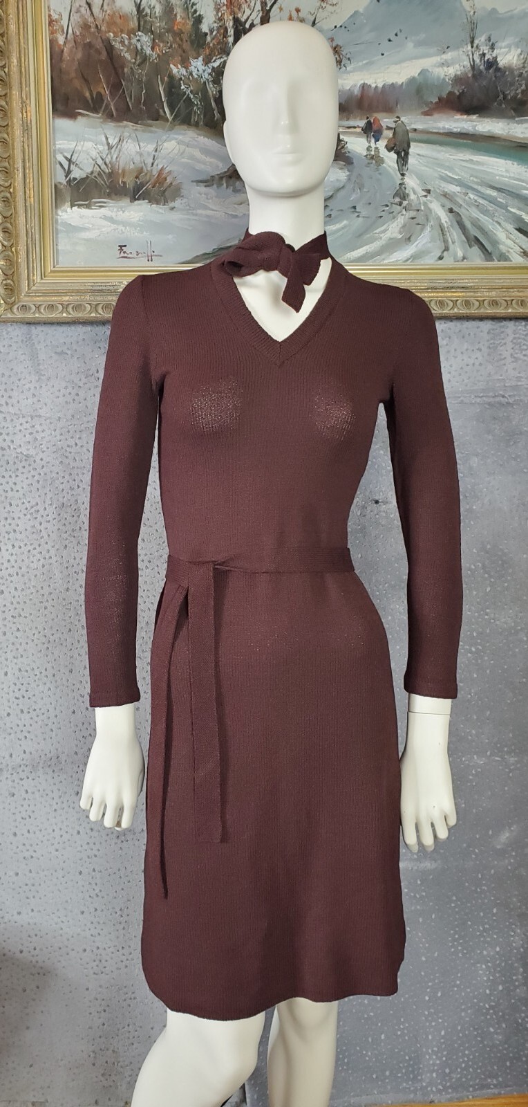 Vintage Adolfo Brown Small Bodycon Dress – Neck Tie – Belt – Wool Rayon Blend