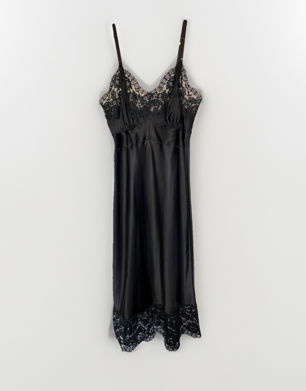 1950’s Black Colony Club Rayon Satin Slip Sexy Vintage Lingerie Lace Mid Length
