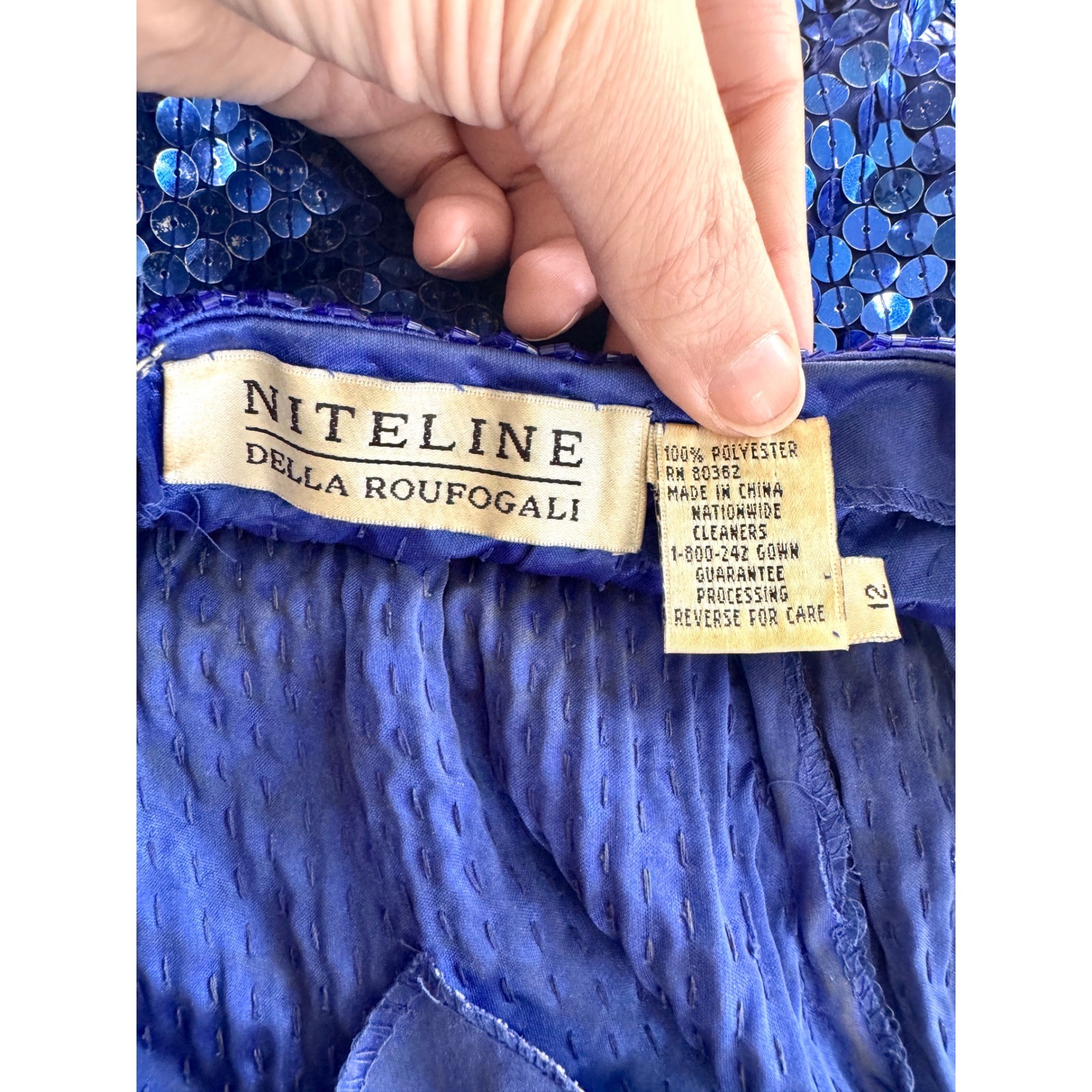 Niteline Della Roufogali Vintage Royal Blue Sequin Halter Scalloped Dress 12