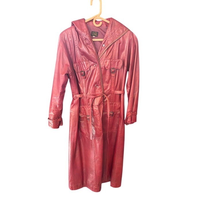 Vintage Hooded Leather Trench Coat Belted Oxblood Burgundy 11/12 Made in Taiwan