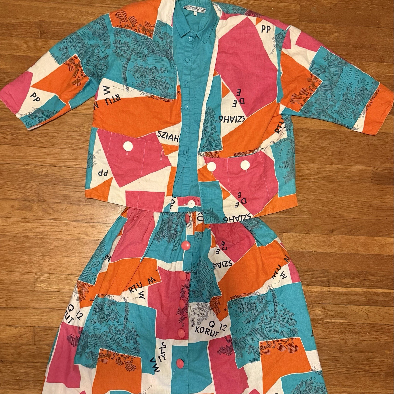 VTG Dorothy Schoelen 3-Piece Set Jacket Skirt Geometric Map Art Sz 12 *READ*