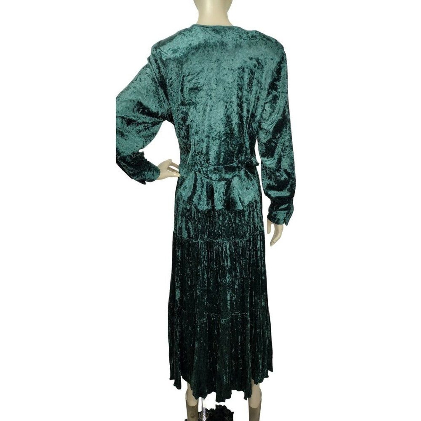Vintage 70s Western Boho Prairie Green Crushed Velvet Tiered Maxi Skirt Top Set