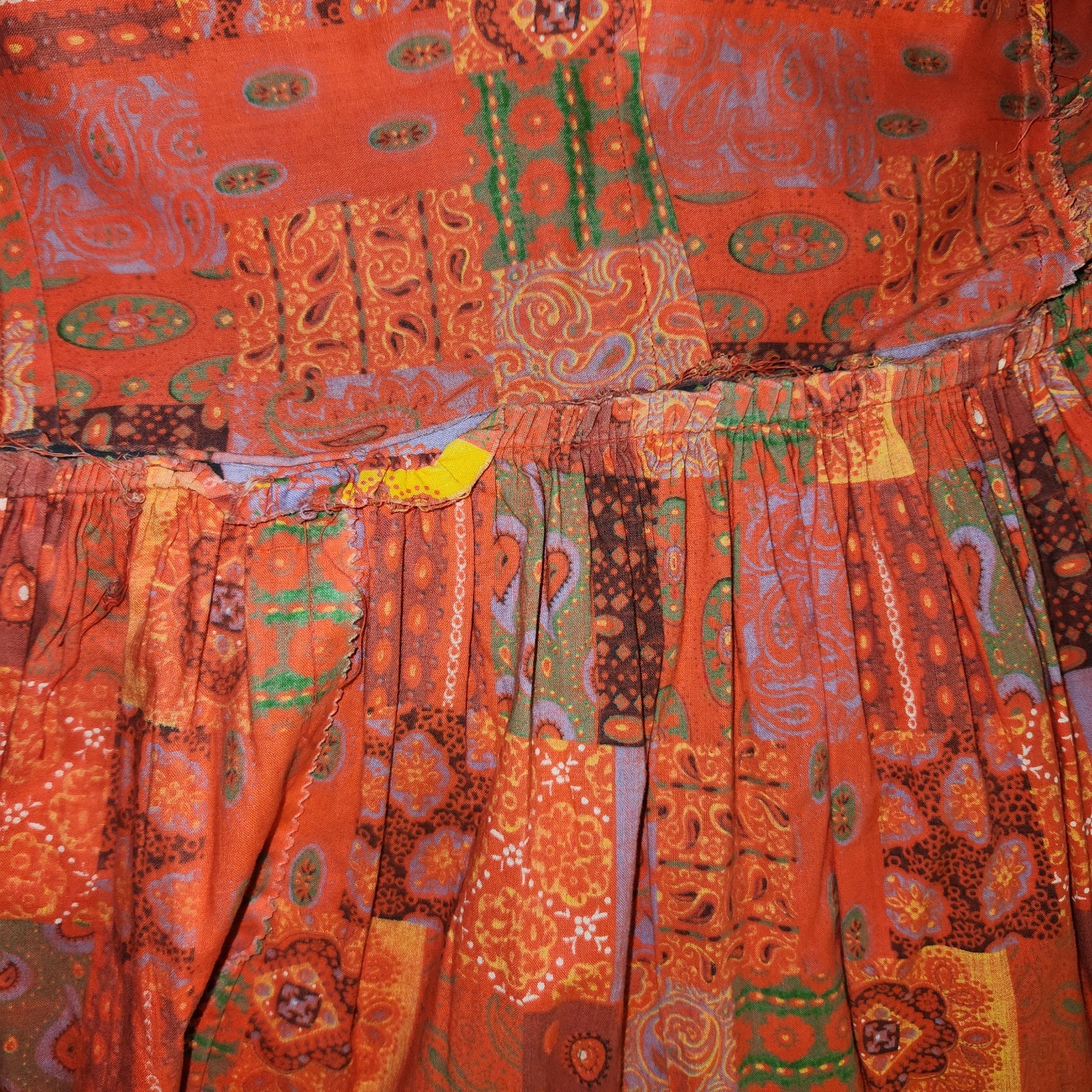 VINTAGE PATCHWORK PRINT ORANGE TIE UP DRESS PAISLEY PRINT GROOVY DAY DRESS M/L