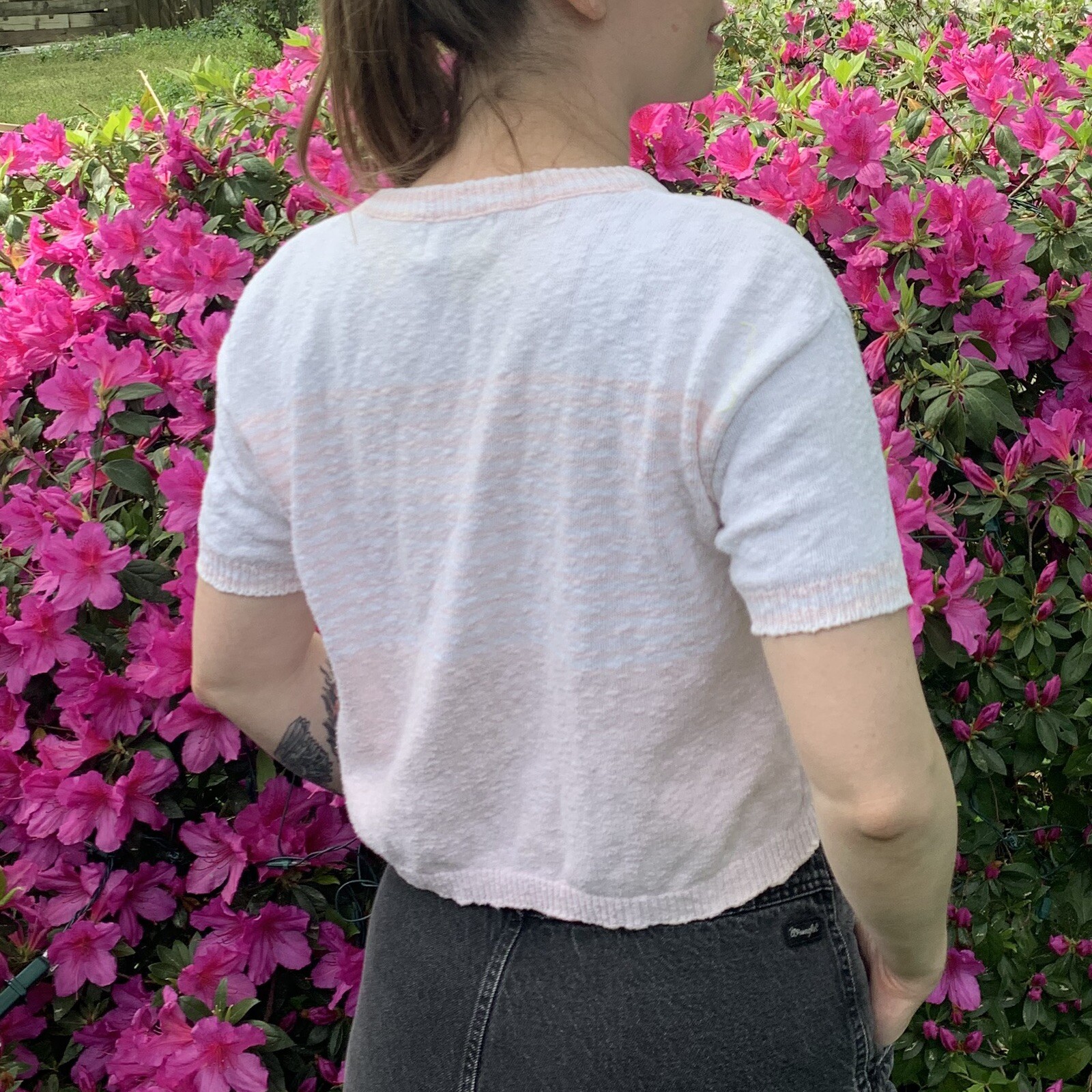 Vintage 80s Medium Lucia Knit Crop Top Short Sleeve Pastel Pink Cream USA Made
