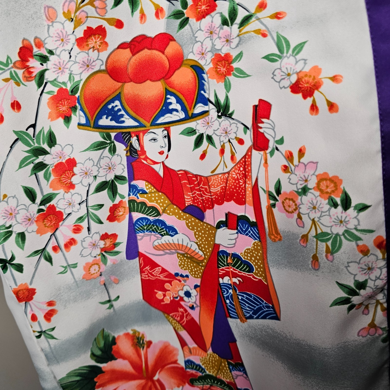 Vtg Ichiban Japanese Kimono Robe Purple Geisha Pagoda Satin NWOT Made in Japan