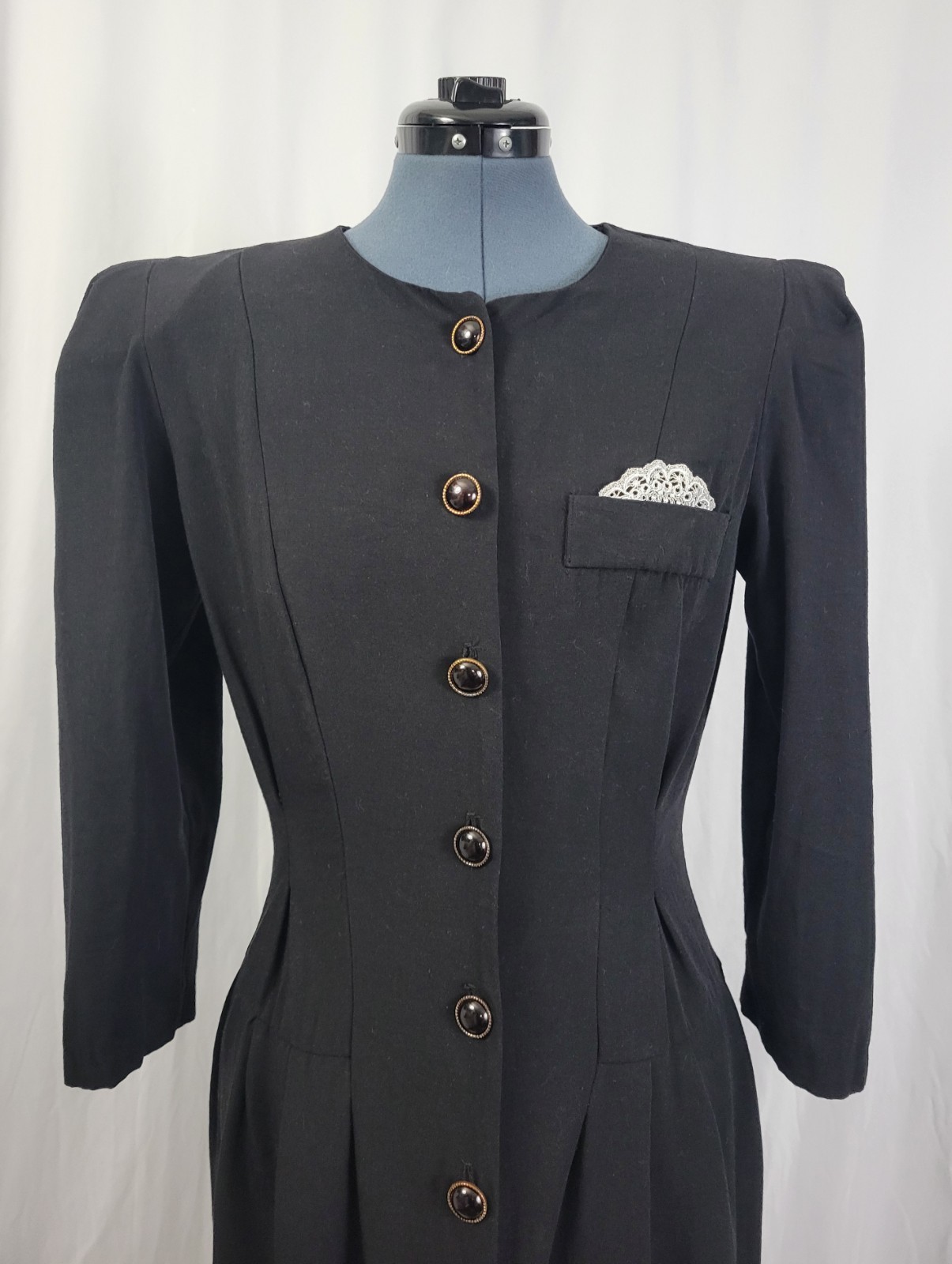 Vtg All That Jazz Black Button Down Sheath Dress w Lace Pocket Square Size 11/12