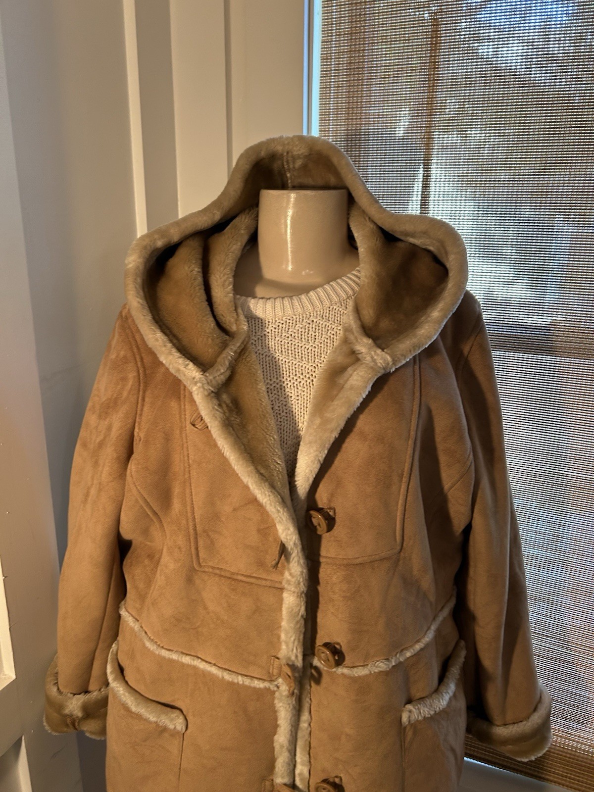 Vtg Jones New York XL Tan Brown Faux Fur Suede Coat Jacket Pennylane Hooded