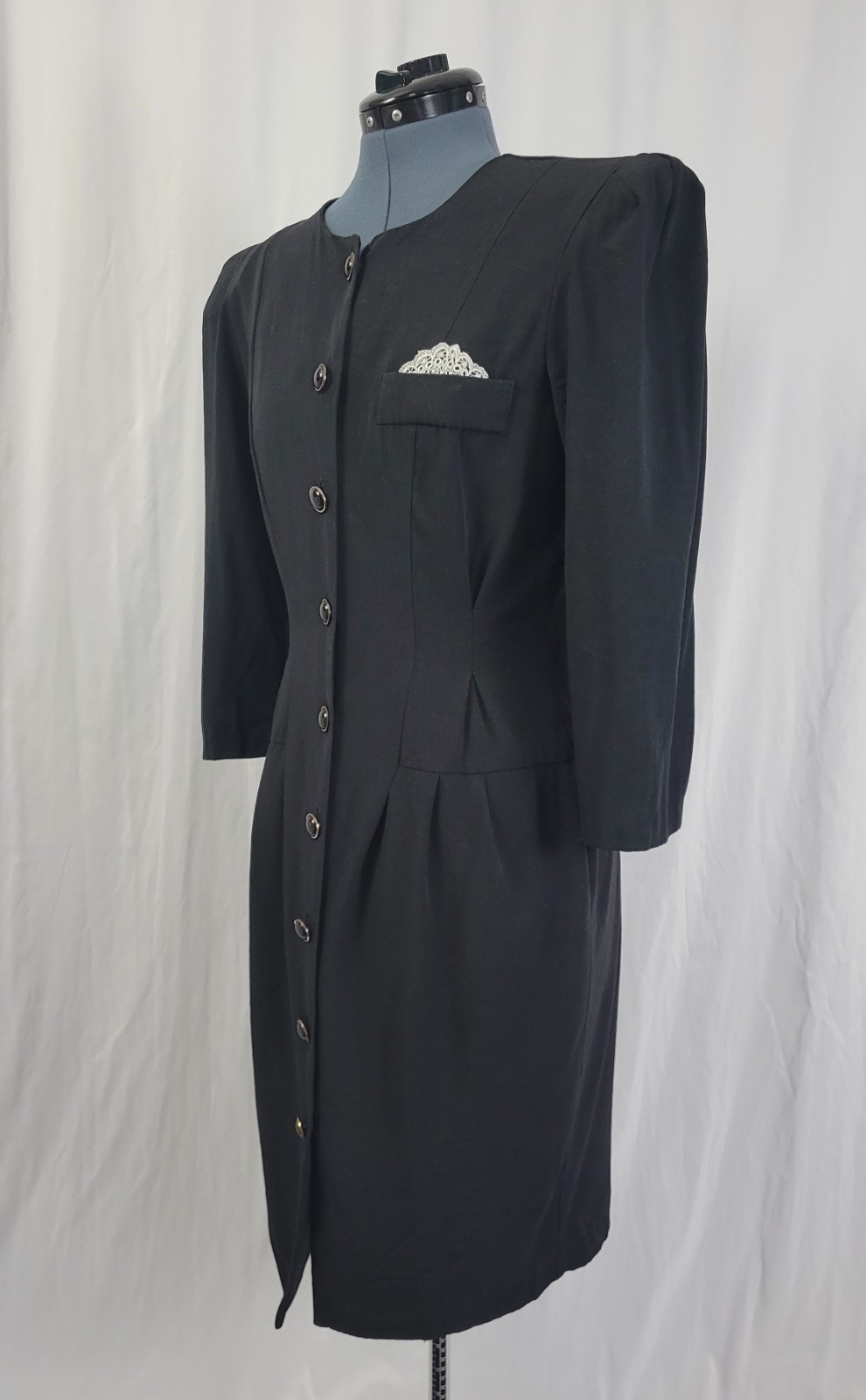 Vtg All That Jazz Black Button Down Sheath Dress w Lace Pocket Square Size 11/12