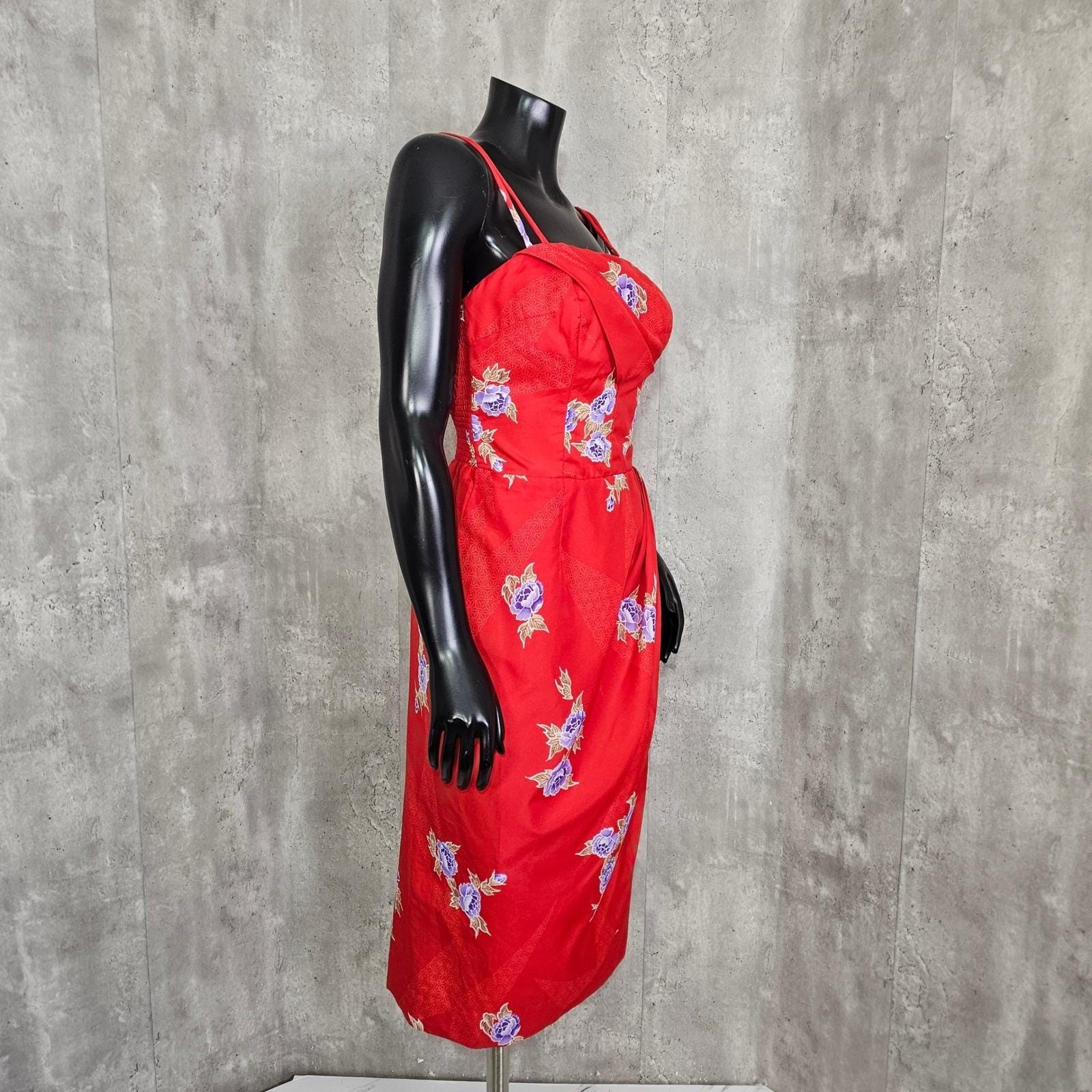 Vintage Paradise Hawaii Red Floral Hawaiian Sarong Dress Talon Zip Pinup Tiki