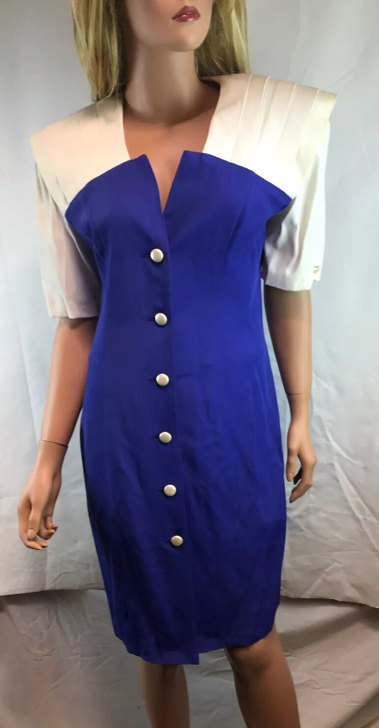 Vintage Scarlett Button Front Dress Union Tag (1974-1995) Size 9 Blue & White