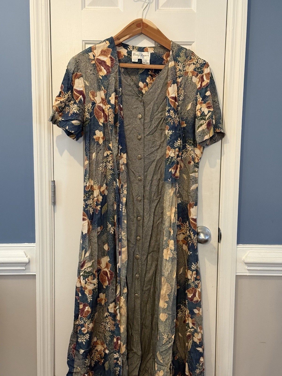 Betty Barclay Vintage Floral Maxi Cottage Button Dress Size 14 Tan blue Classy