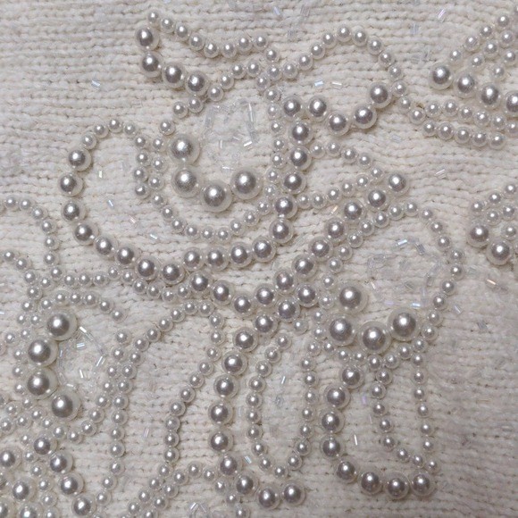 Vintage Cream Silk Angora Pearl Beaded Soft Girl Coquette Crewneck Sweater Sz Md