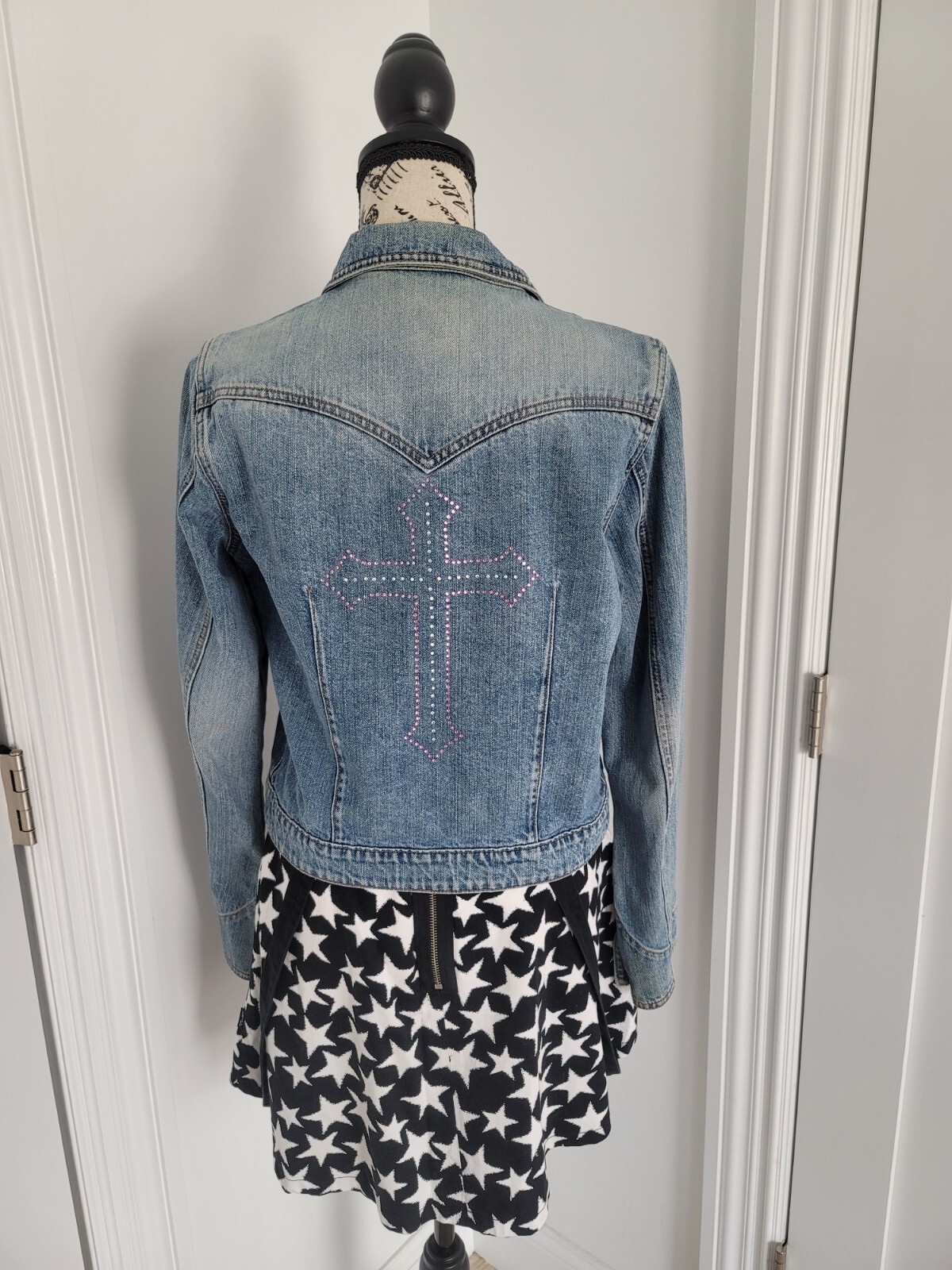 Vintage Y2K Upcycled Redone Custom Bling Gothic Cross Western Jean Jacket Medium