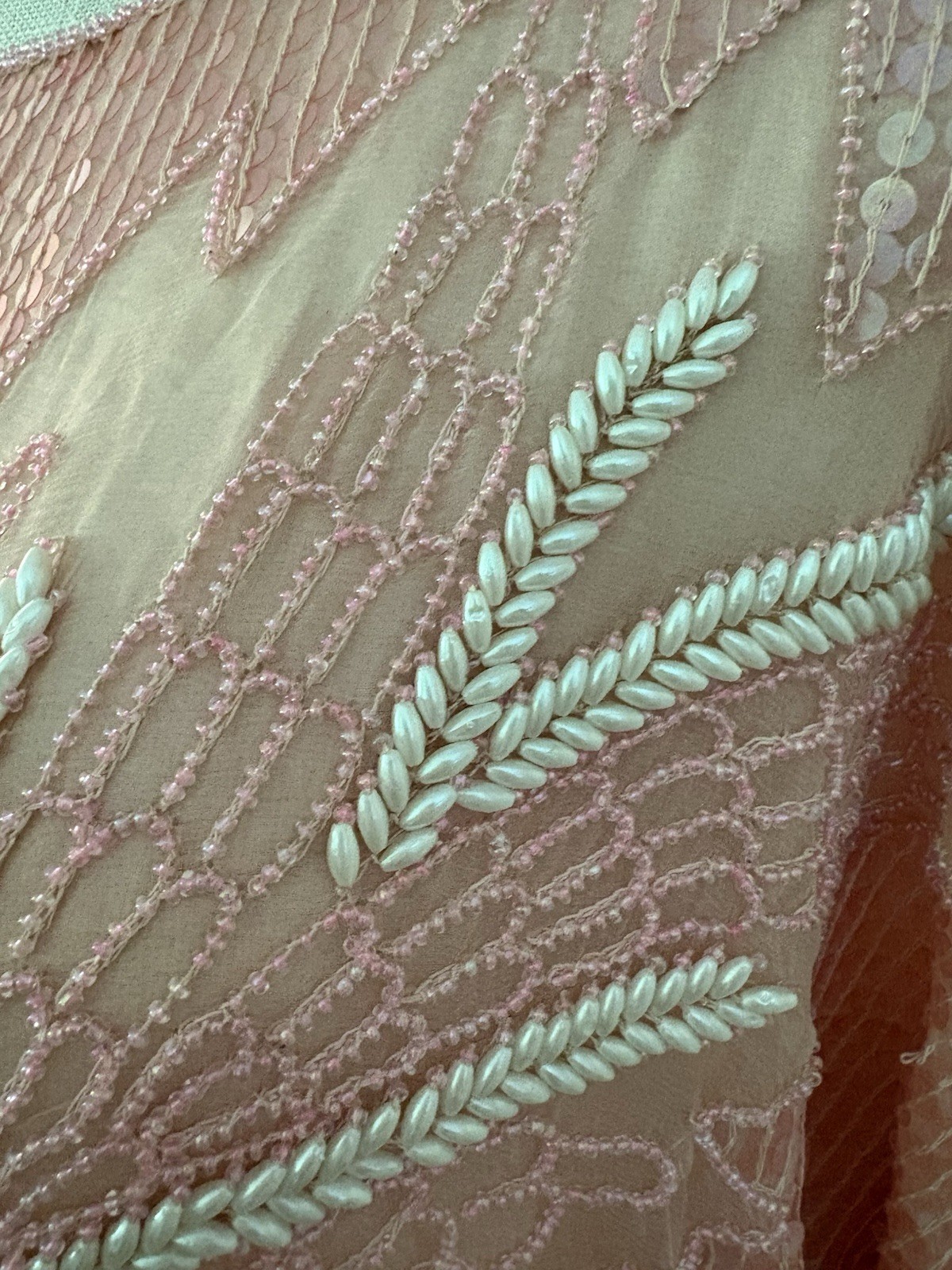 Vintage 80s Hand Beaded 100% Silk Top Pastel Pink Sequin. NWT!M Deadstock. India