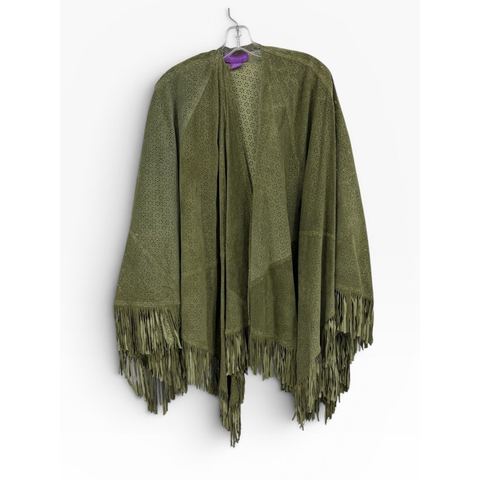 Suzanne Somers green genuine leather fringe poncho vintage Y2K boho OS