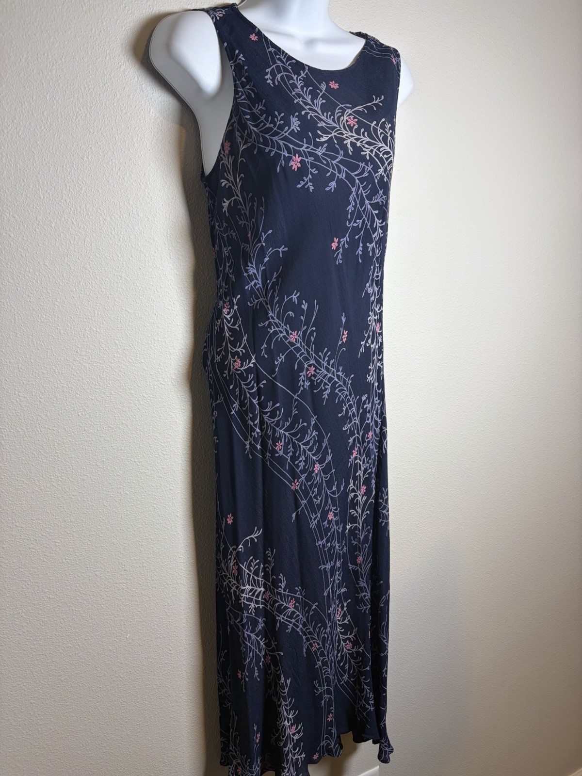 Vtg 90s Nostalgia Navy Blue Midi Slip Dress~L~Rayon Crepe Bias Cut Grunge Femme