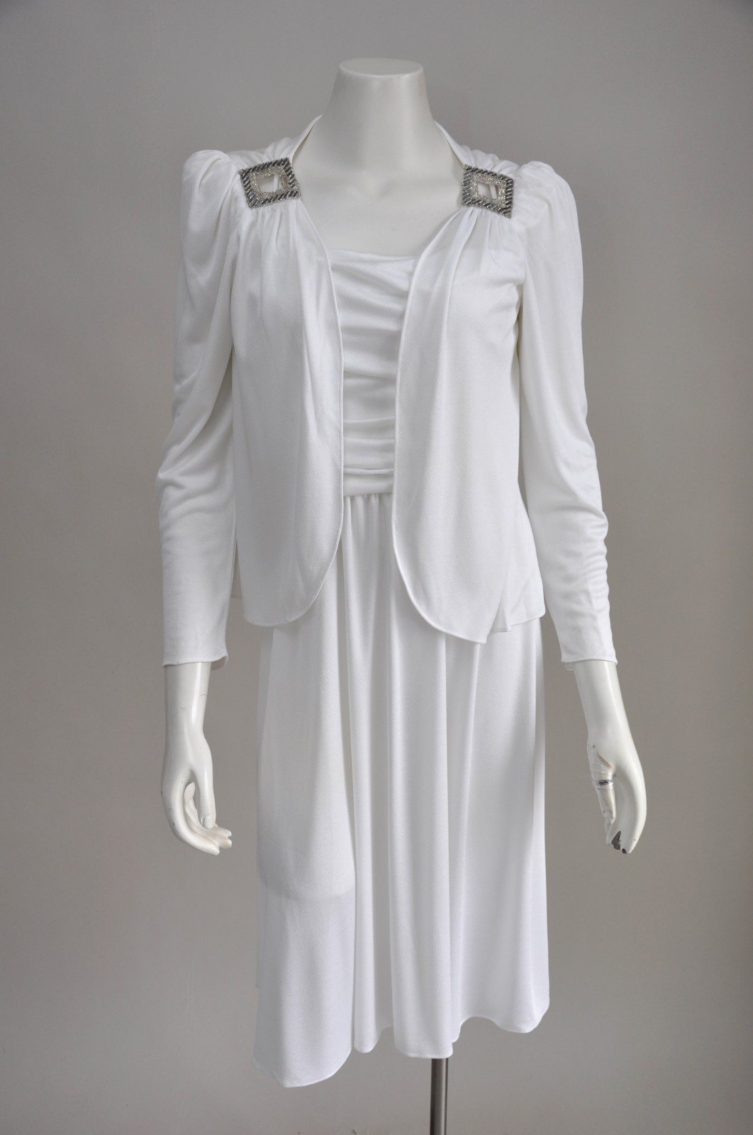 Vintage 1970s White Jersey Knit Open Back Cowl Neck Disco Dress Jacket XS-M
