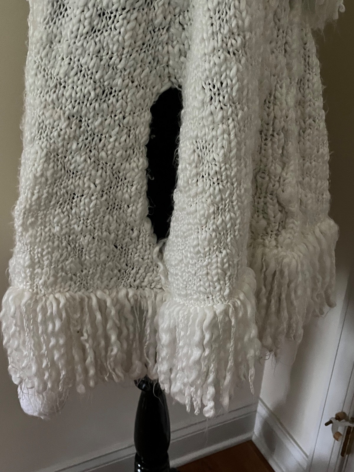 Adorable vintage white knit poncho with hood, fringe and pom poms
