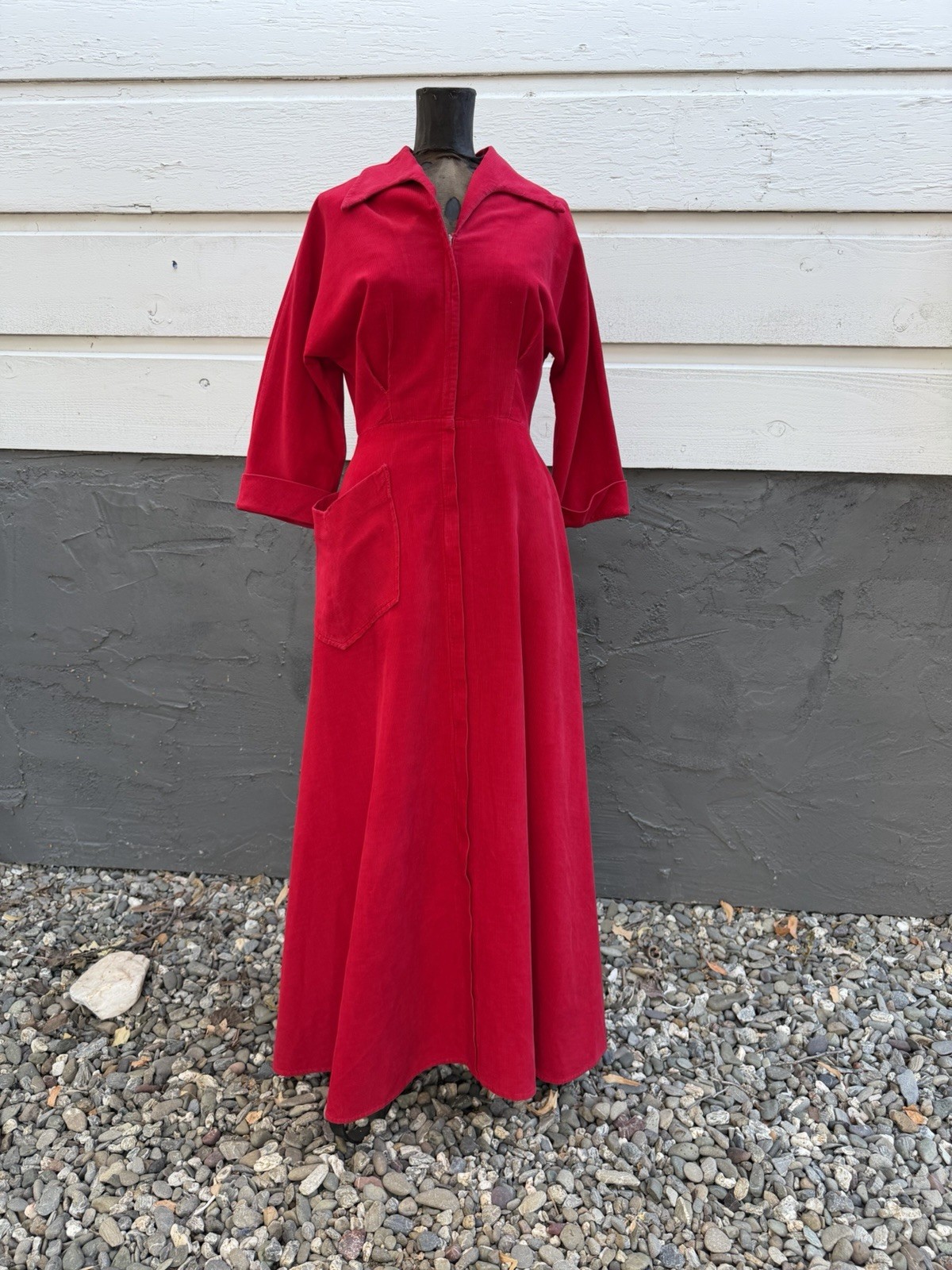 Vintage 40s 50s Red Corduroy House Dress Chore Dress Full Zip Workwear 25/26”